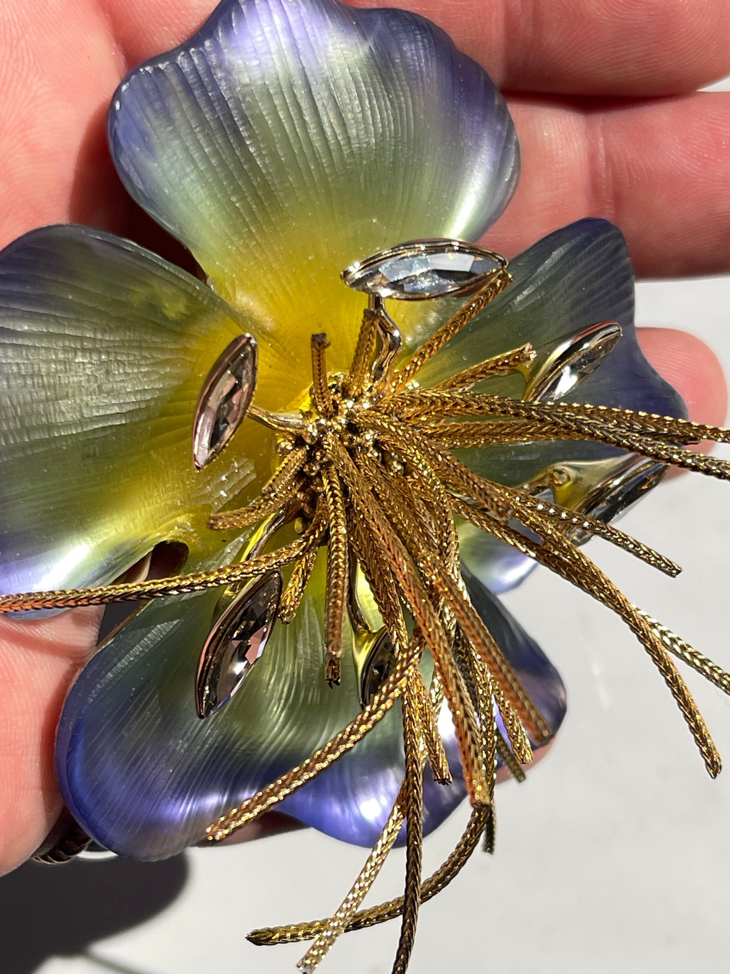 Handmade Alexis Bittar bluegreen Flower Brooch Lucite Gold Swarovski crystal pin