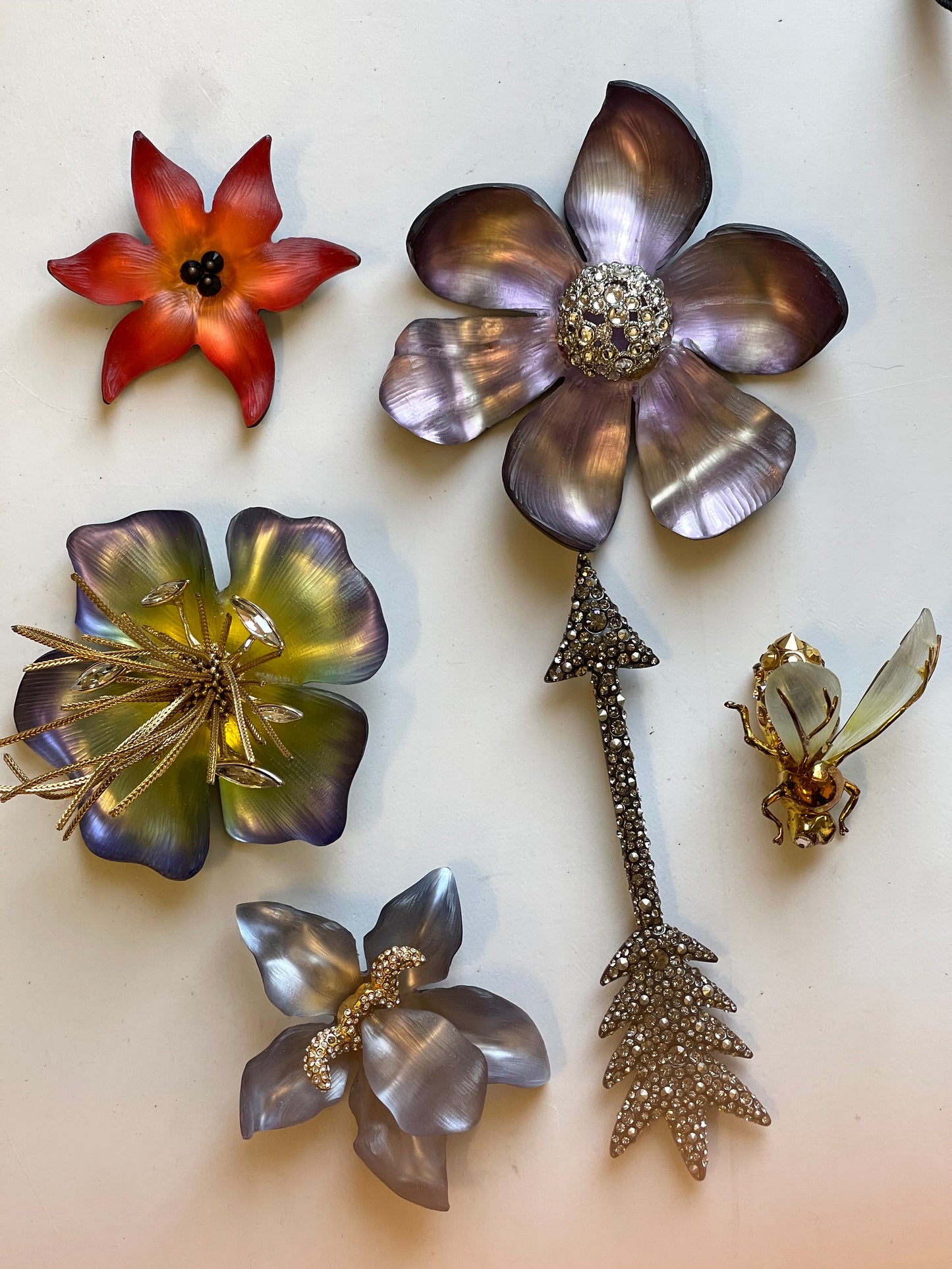 Handmade 2011 Alexis Bittar Pop Art Flower Floral Brooch Pin with orange lucite petals design & signature from Bittar in gold on the backing