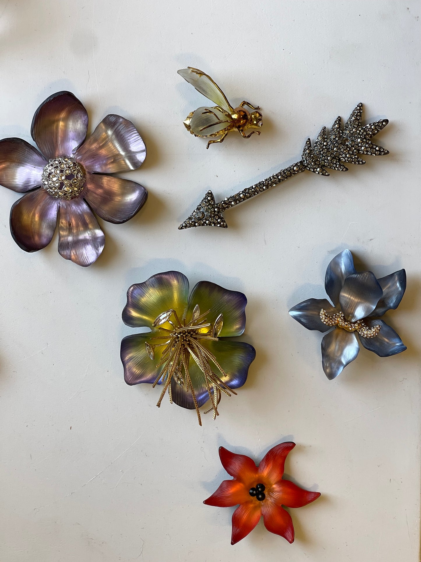Handmade 2011 Alexis Bittar Pop Art Flower Floral Brooch Pin with orange lucite petals design & signature from Bittar in gold on the backing