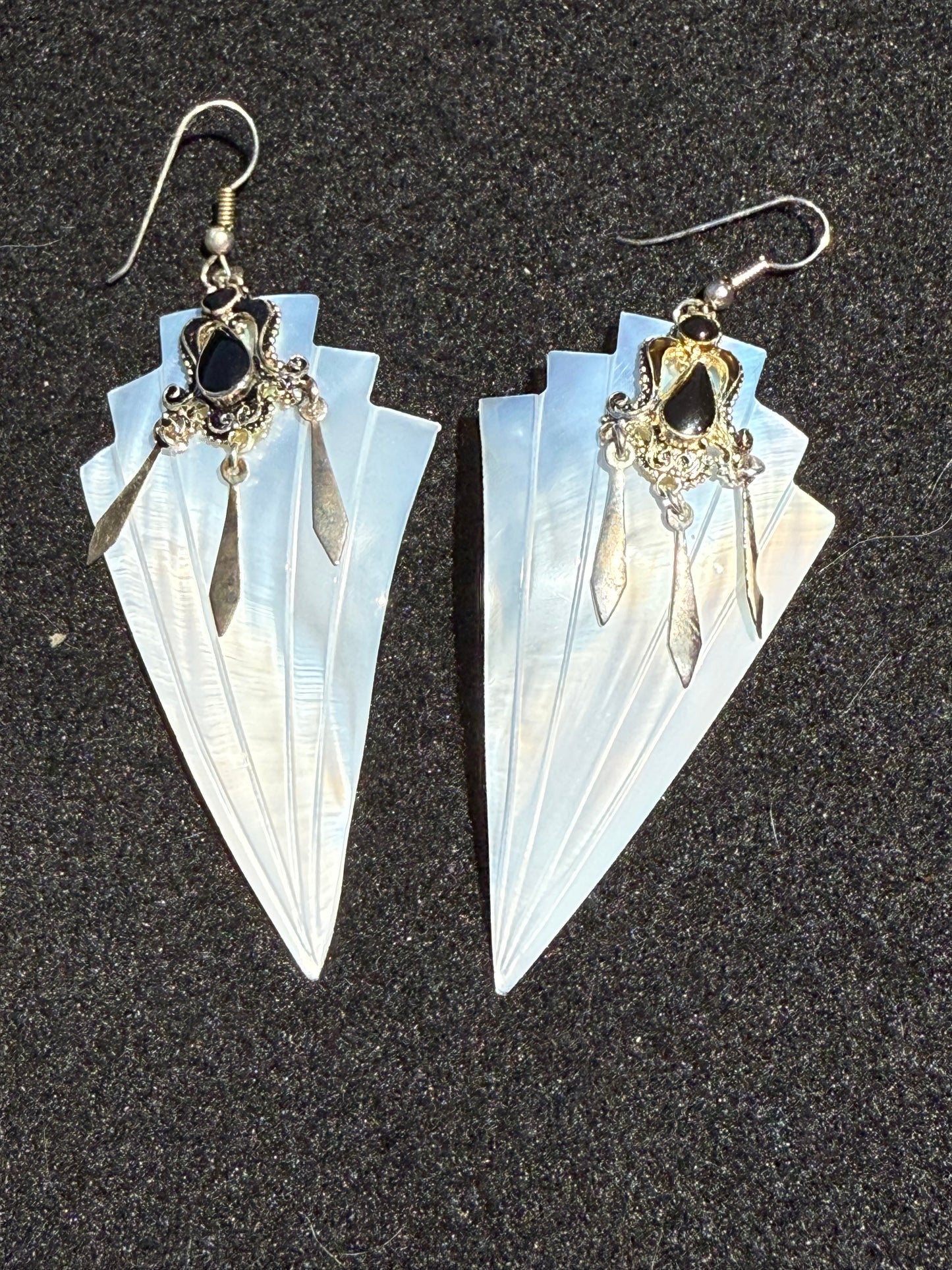 Vintage Antique Mother of Pearl MOP Shell Hook Earring Set Sterling Silver Onyx