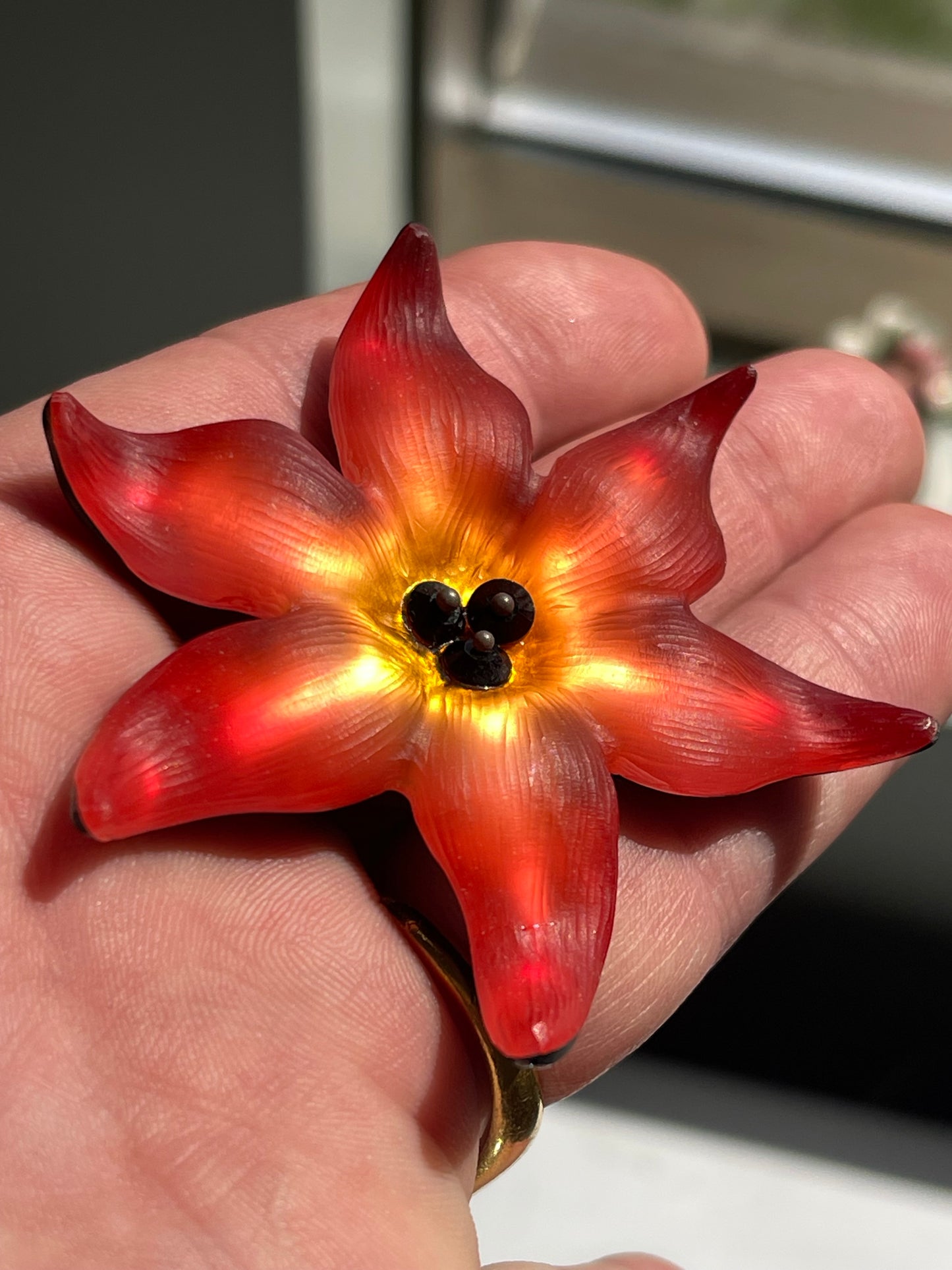 Handmade 2011 Alexis Bittar Pop Art Flower Floral Brooch Pin with orange lucite petals design & signature from Bittar in gold on the backing