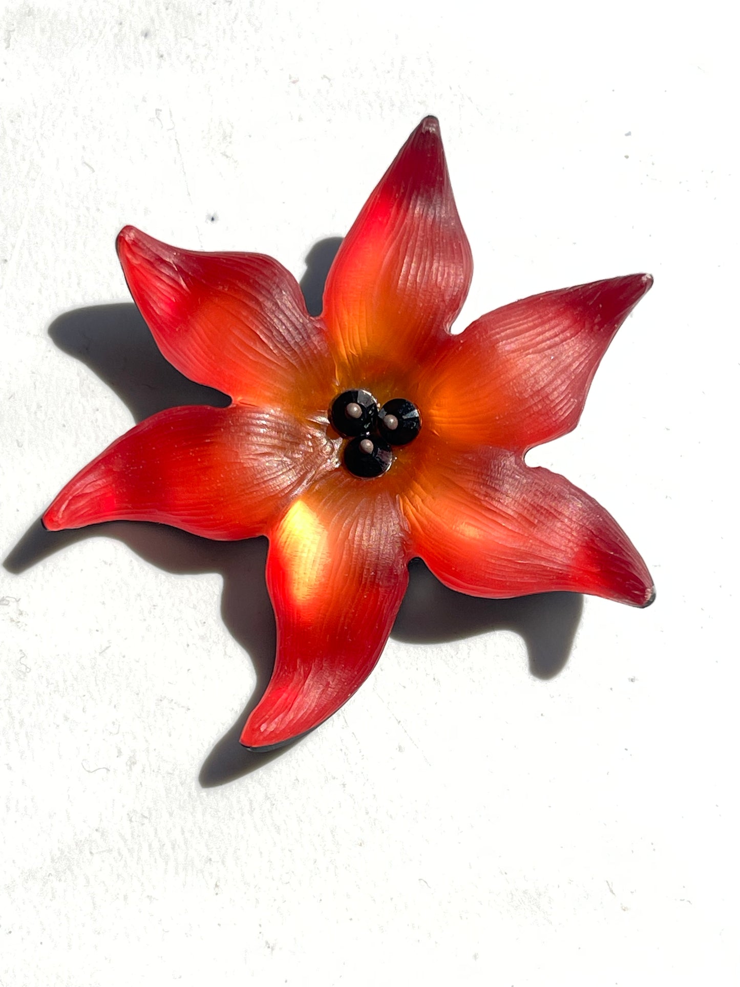 Handmade 2011 Alexis Bittar Pop Art Flower Floral Brooch Pin with orange lucite petals design & signature from Bittar in gold on the backing