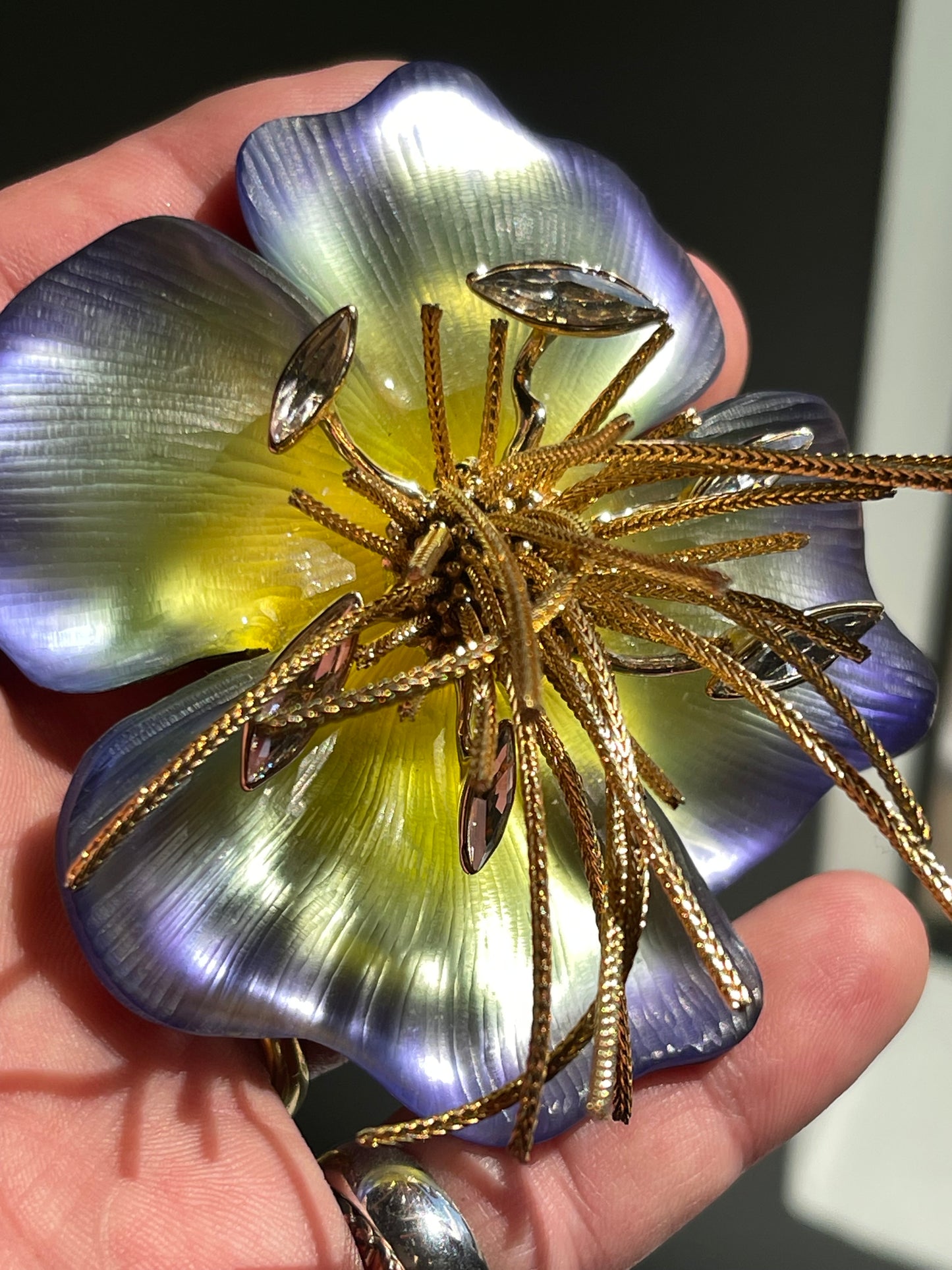 Handmade Alexis Bittar bluegreen Flower Brooch Lucite Gold Swarovski crystal pin