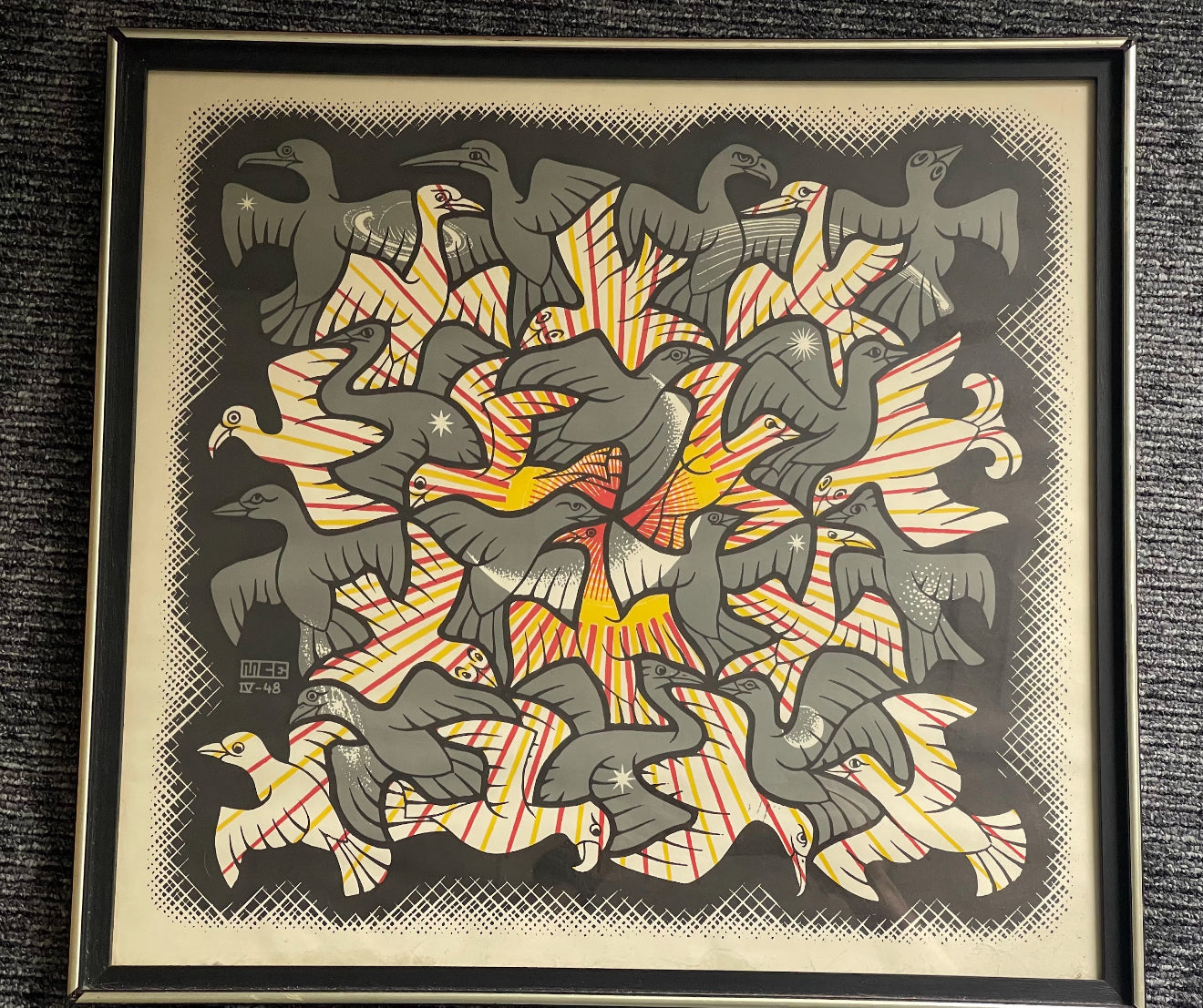 SIGNED & official 1948 MC ESCHER SUN & MOON chromolithograph original frame lot