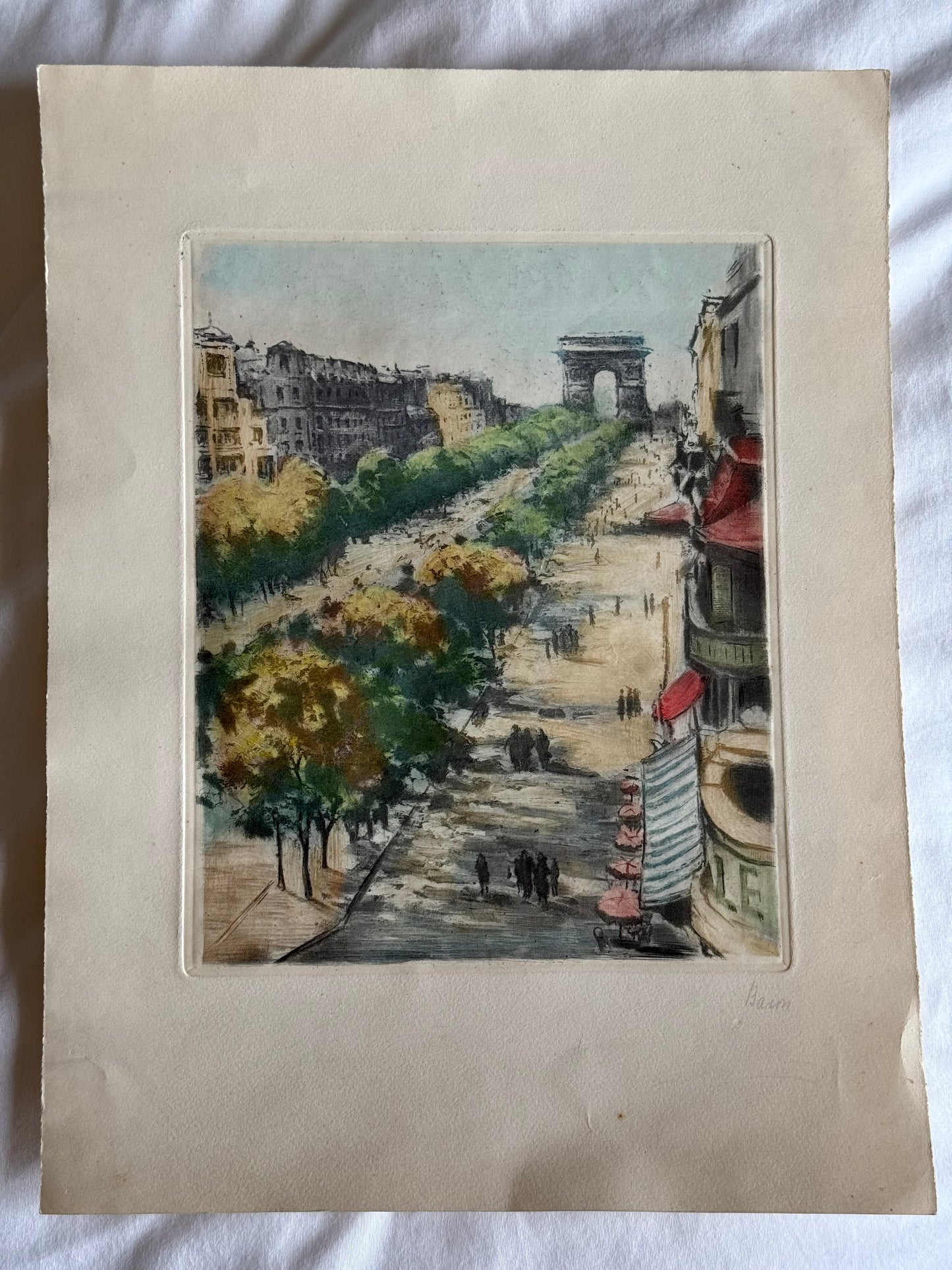 SIGNED 1920 ARC DE TRIOMPHE drawing Marcel Julien Baron 1872-1956 Color Etchings