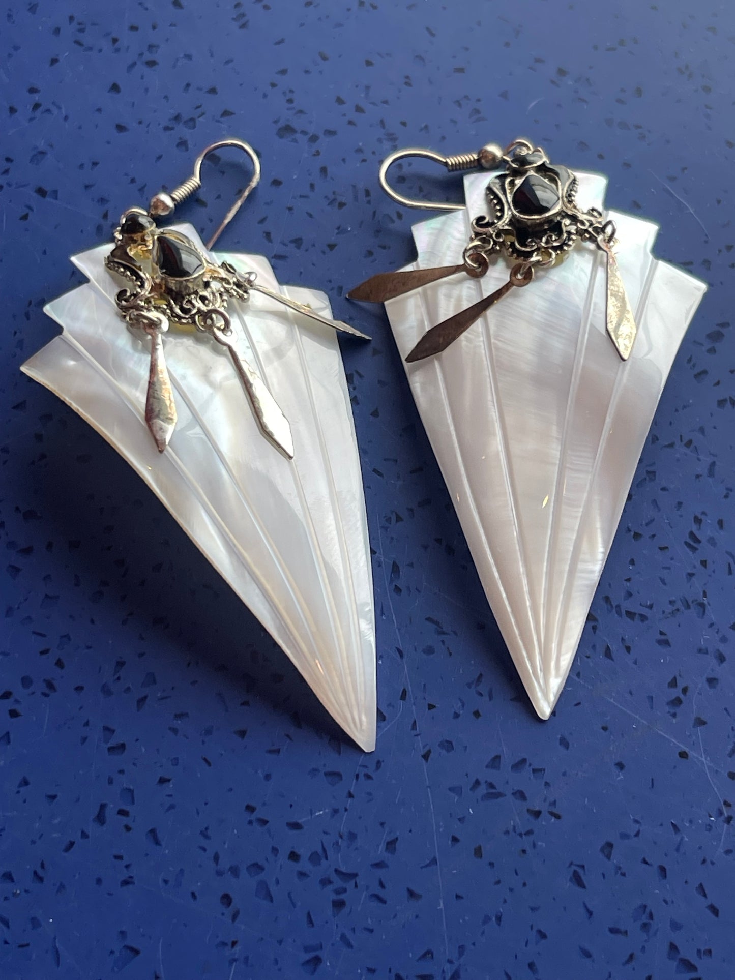 Vintage Antique Mother of Pearl MOP Shell Hook Earring Set Sterling Silver Onyx