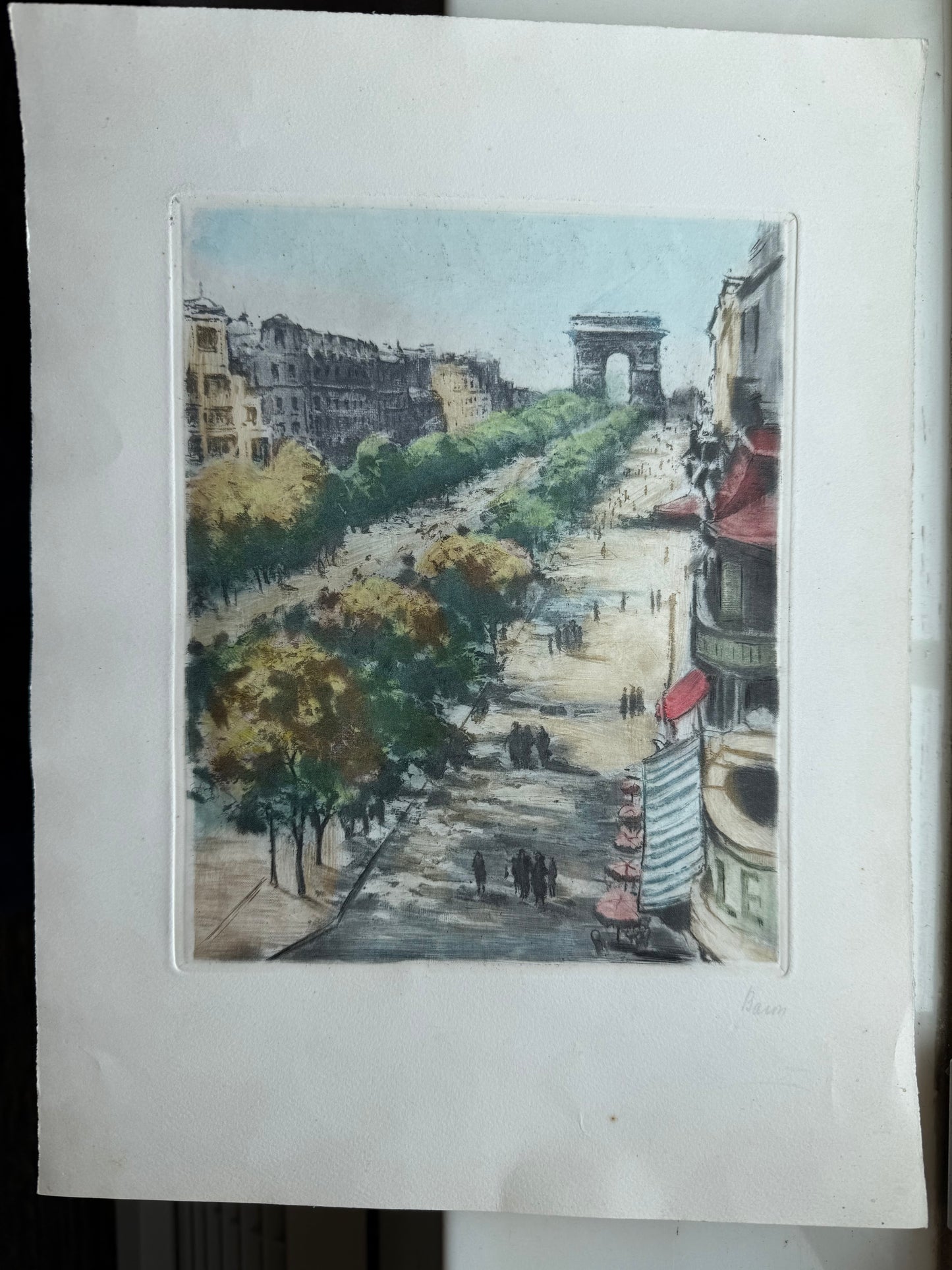 SIGNED 1920 ARC DE TRIOMPHE drawing Marcel Julien Baron 1872-1956 Color Etchings