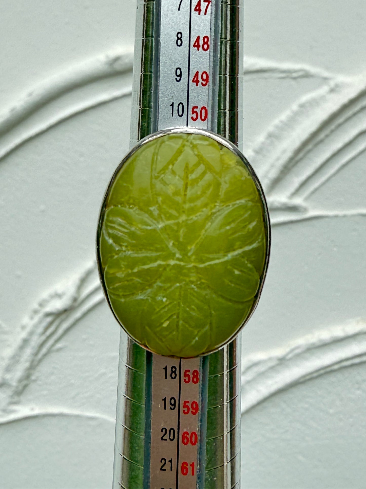 1930s 1940s Chinese Jadeite Jade Carved Carving Plaque Ring Sterling Silver Mark