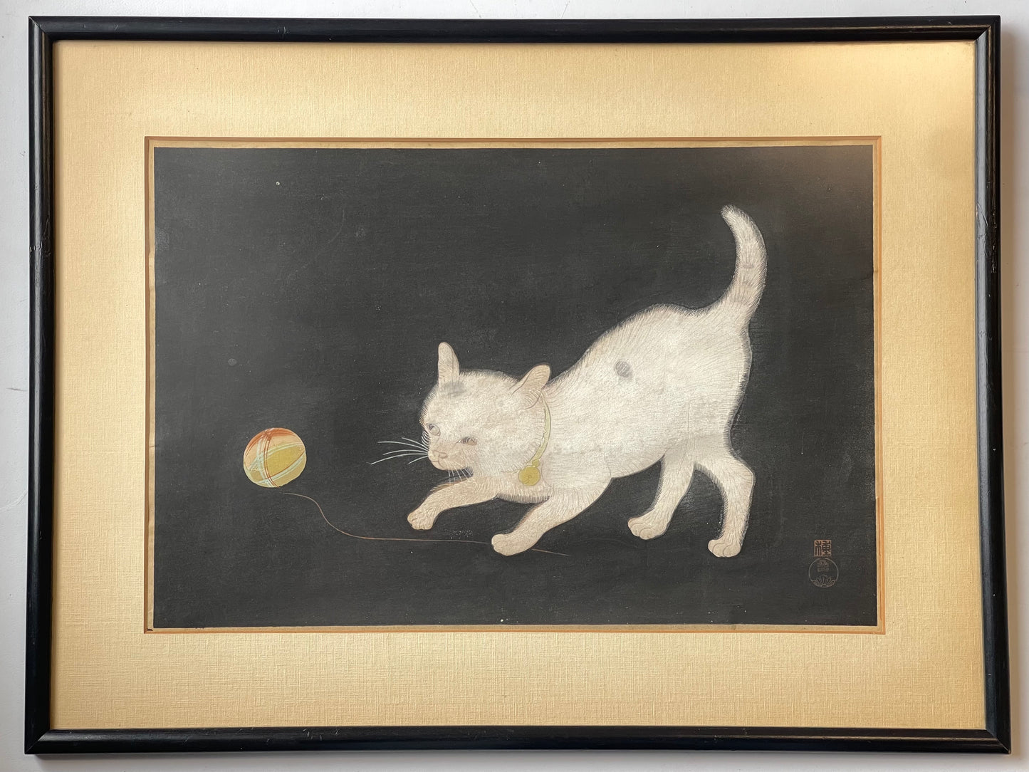 1952 Koyo Omura Signed Woodblock Print "Cat at Play" Matted original Framed art
