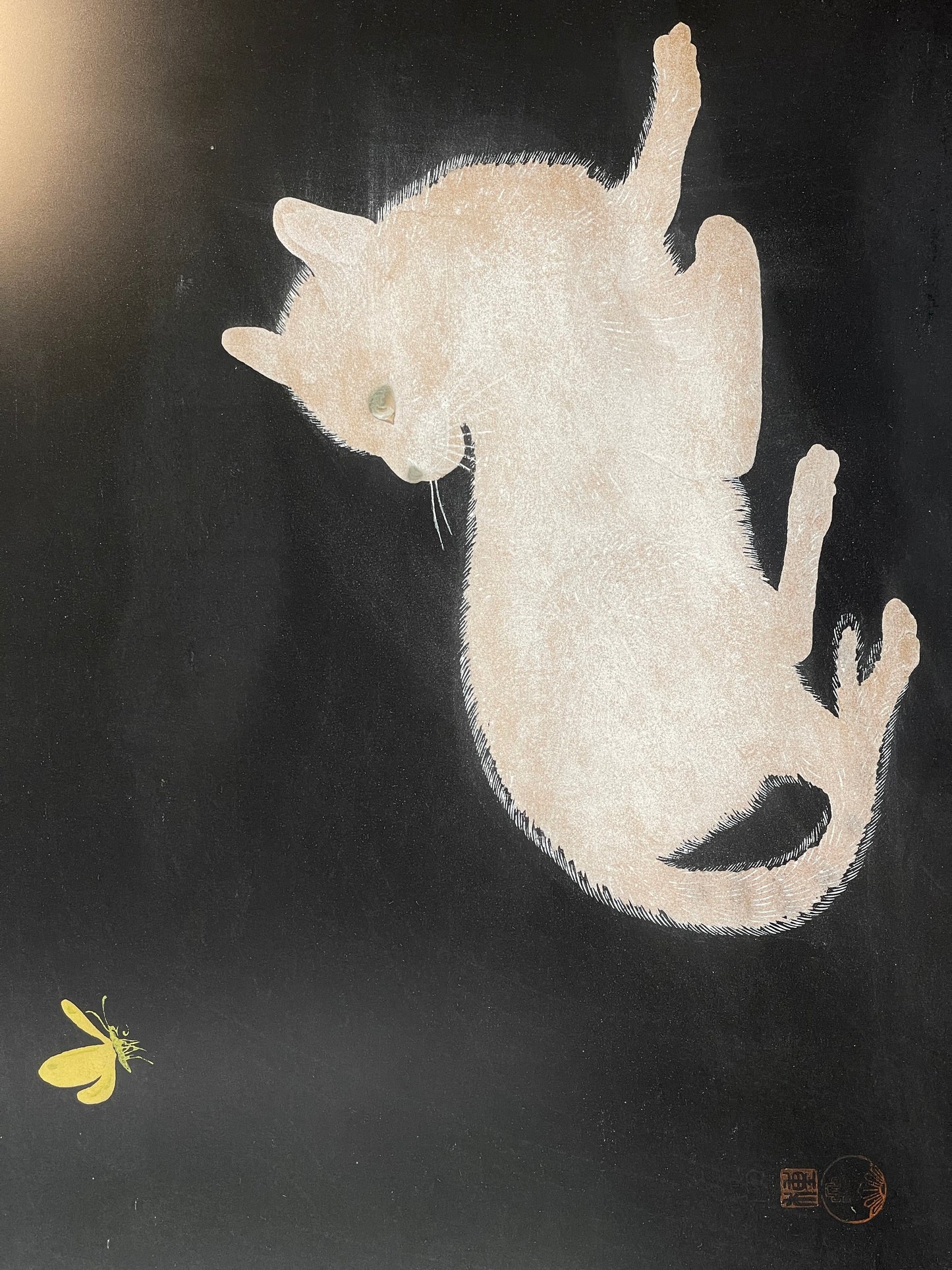 1952 Koyo Omura Signed Woodblock Print "Cat with Butterfly" Matted original Framed art