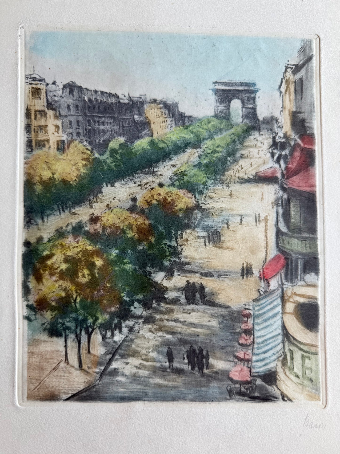 SIGNED 1920 ARC DE TRIOMPHE drawing Marcel Julien Baron 1872-1956 Color Etchings
