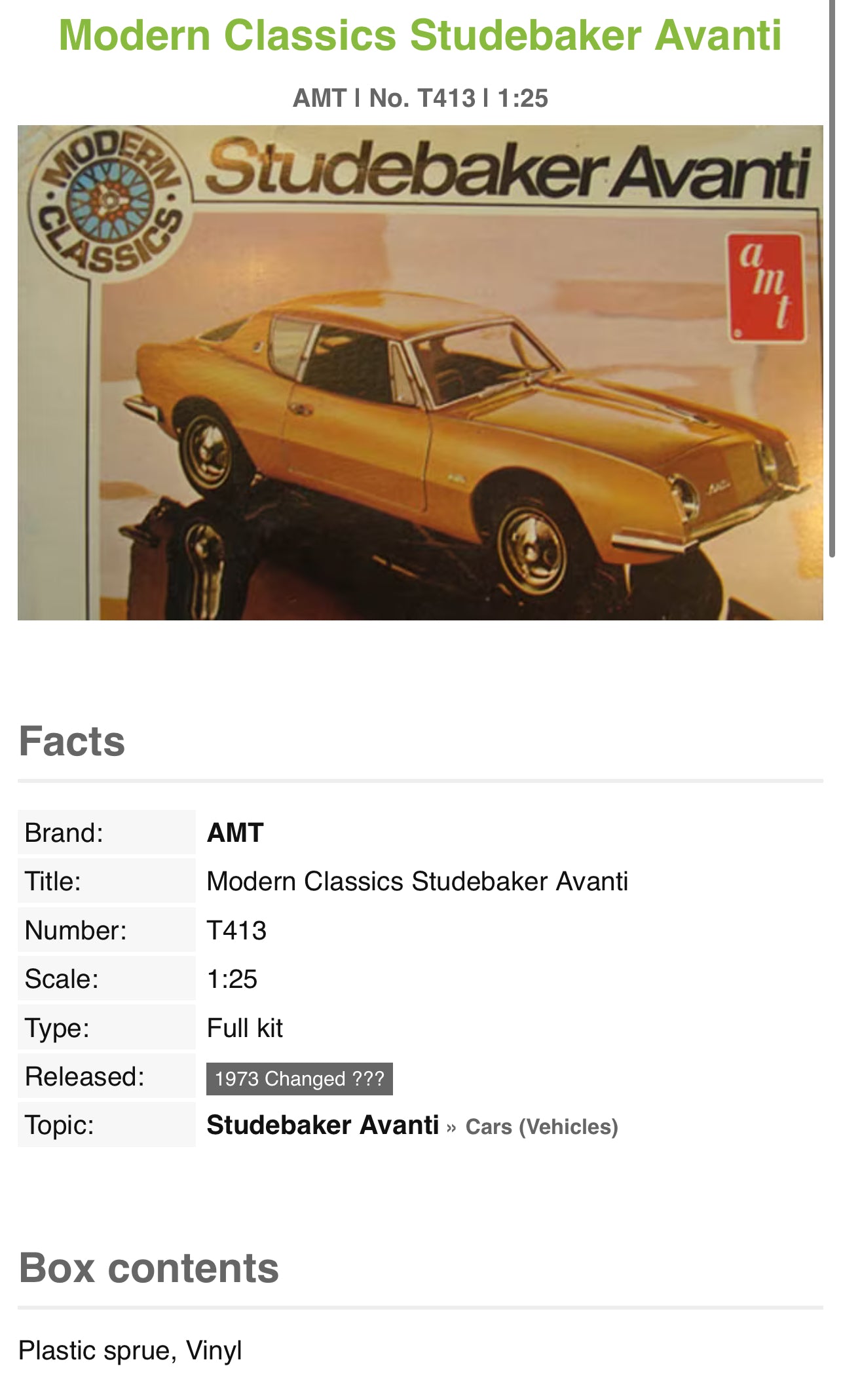 AMT t413 1963 Studebaker Avanti Modern Classic 1/25 scale Model Car lots trains