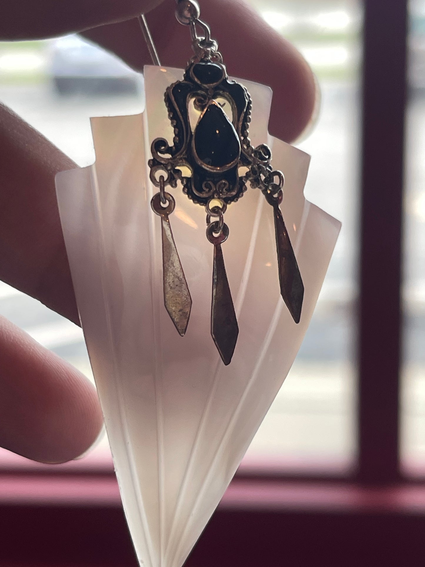 Vintage Antique Mother of Pearl MOP Shell Hook Earring Set Sterling Silver Onyx