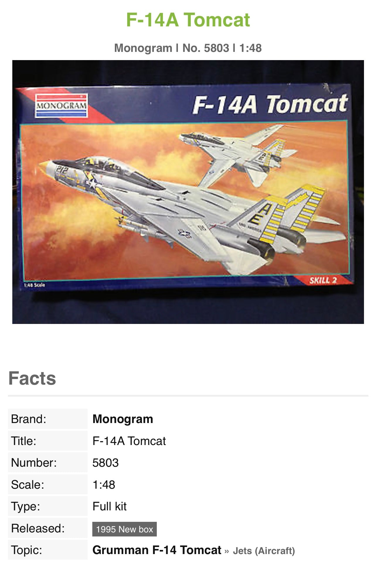 Monogram 1:48 Scale F-14A Tomcat Plane Model Kit #5803 lots car models airplanes
