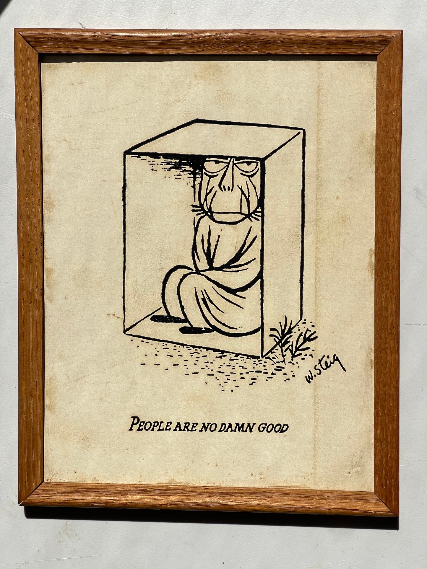 Vintage framed 1950s 1960s Cartoonist William Steig & Bernad Creations (Mid Century Modern company from Yonkers NYC) People Are No Damn Good Cartoon