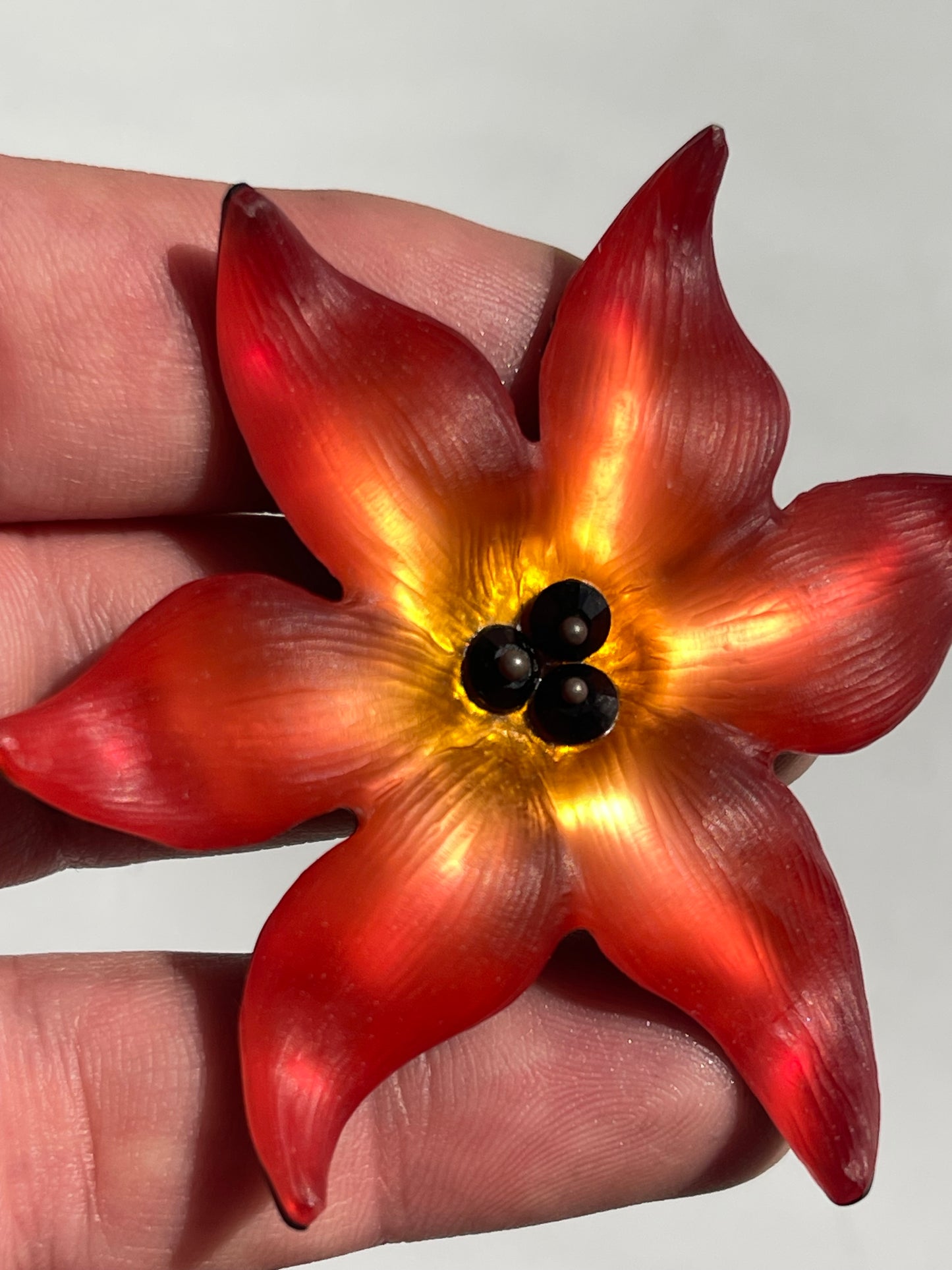 Handmade 2011 Alexis Bittar Pop Art Flower Floral Brooch Pin with orange lucite petals design & signature from Bittar in gold on the backing