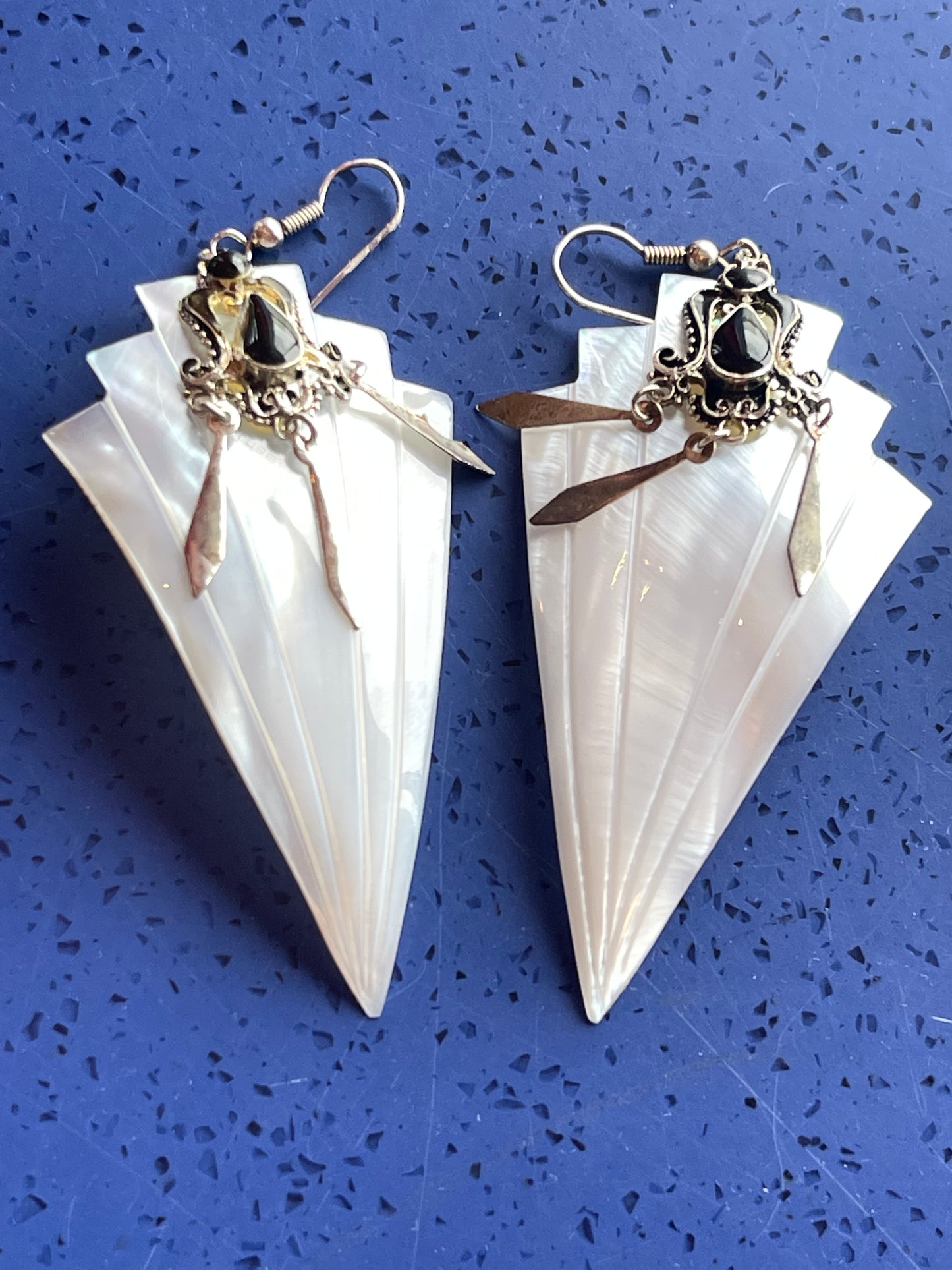 Vintage Antique Mother of Pearl MOP Shell Hook Earring Set Sterling Silver Onyx