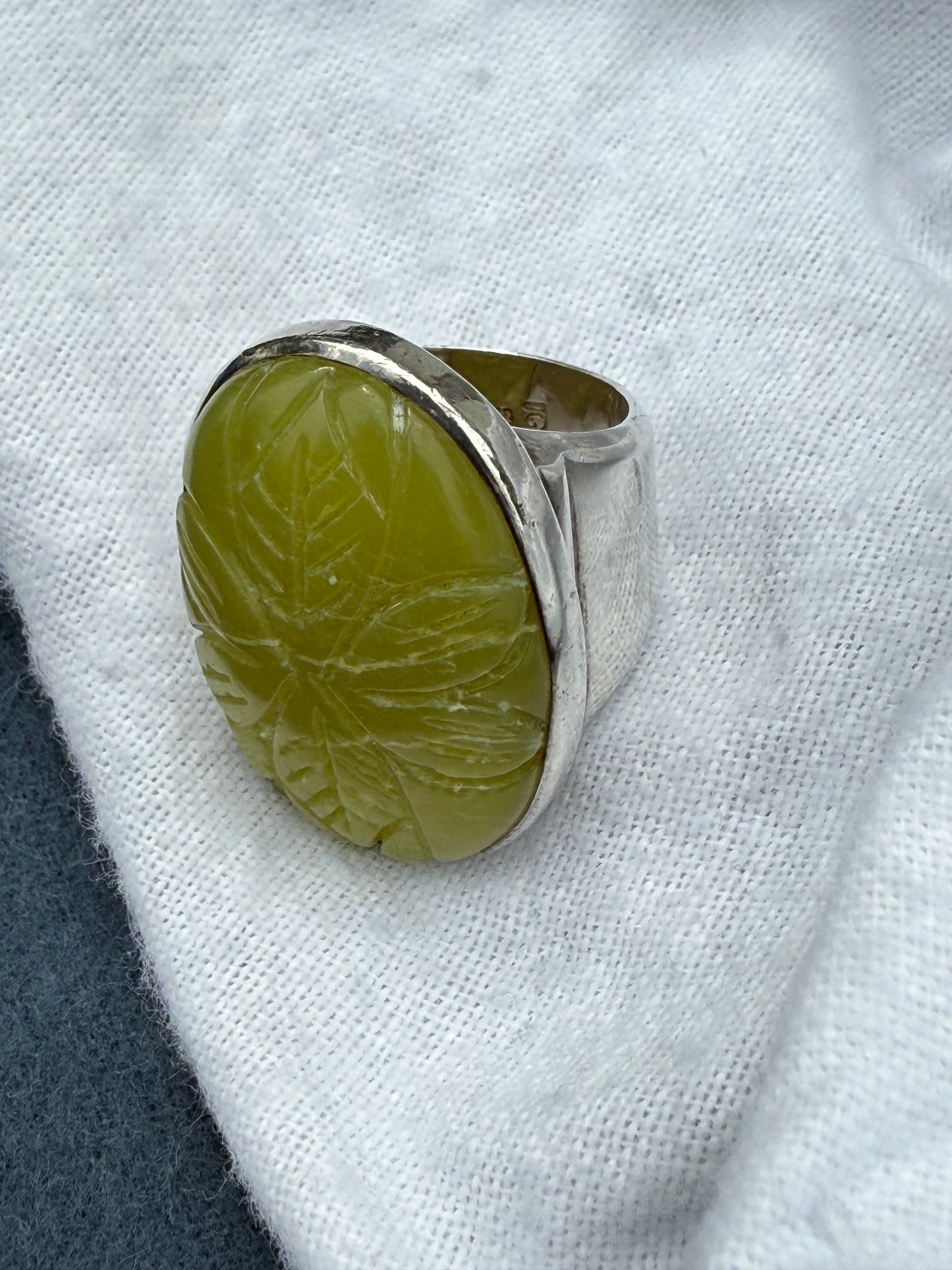 1930s 1940s Chinese Jadeite Jade Carved Carving Plaque Ring Sterling Silver Mark