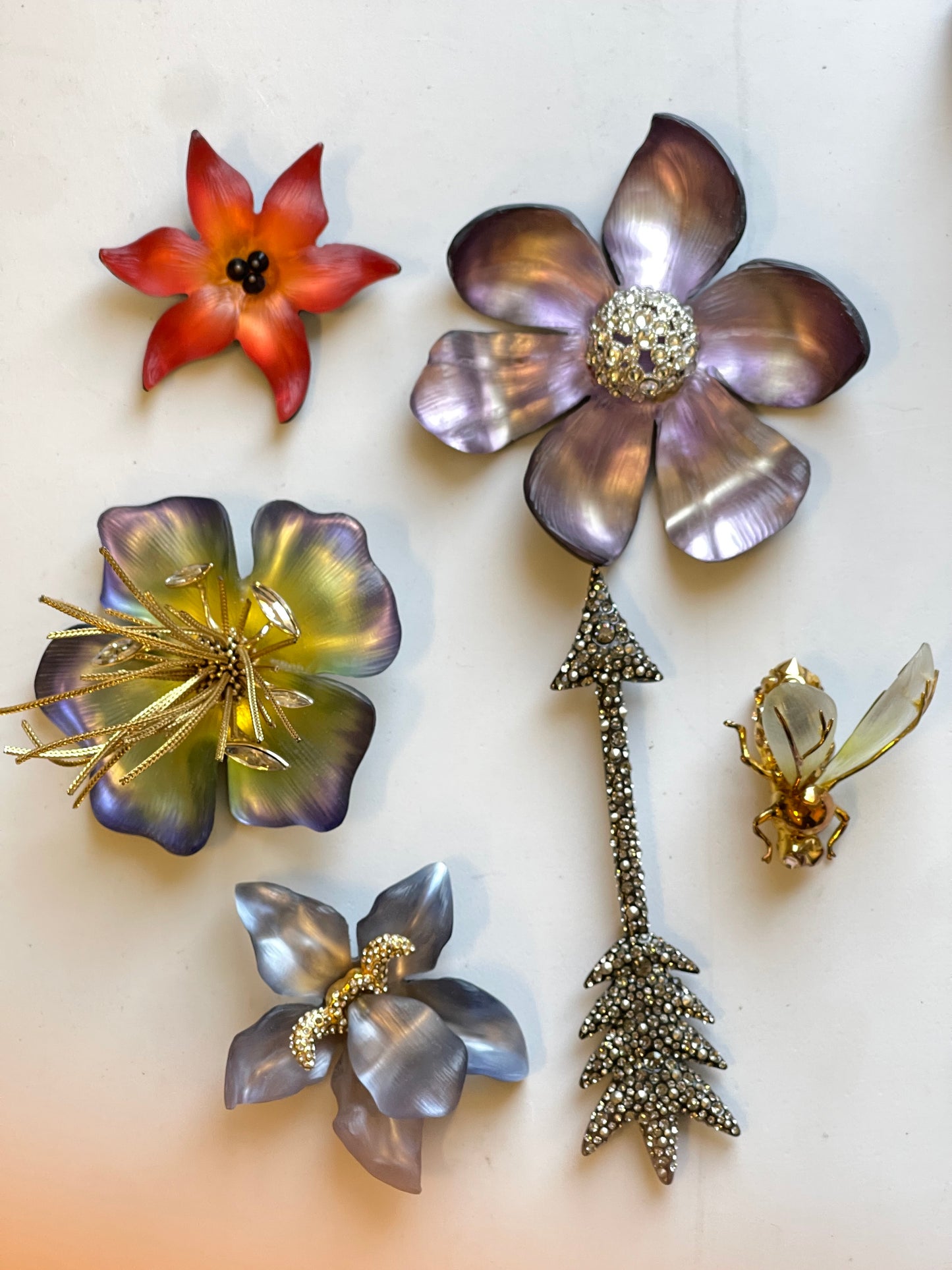 Handmade 2011 Alexis Bittar Pop Art Flower Floral Brooch Pin with orange lucite petals design & signature from Bittar in gold on the backing