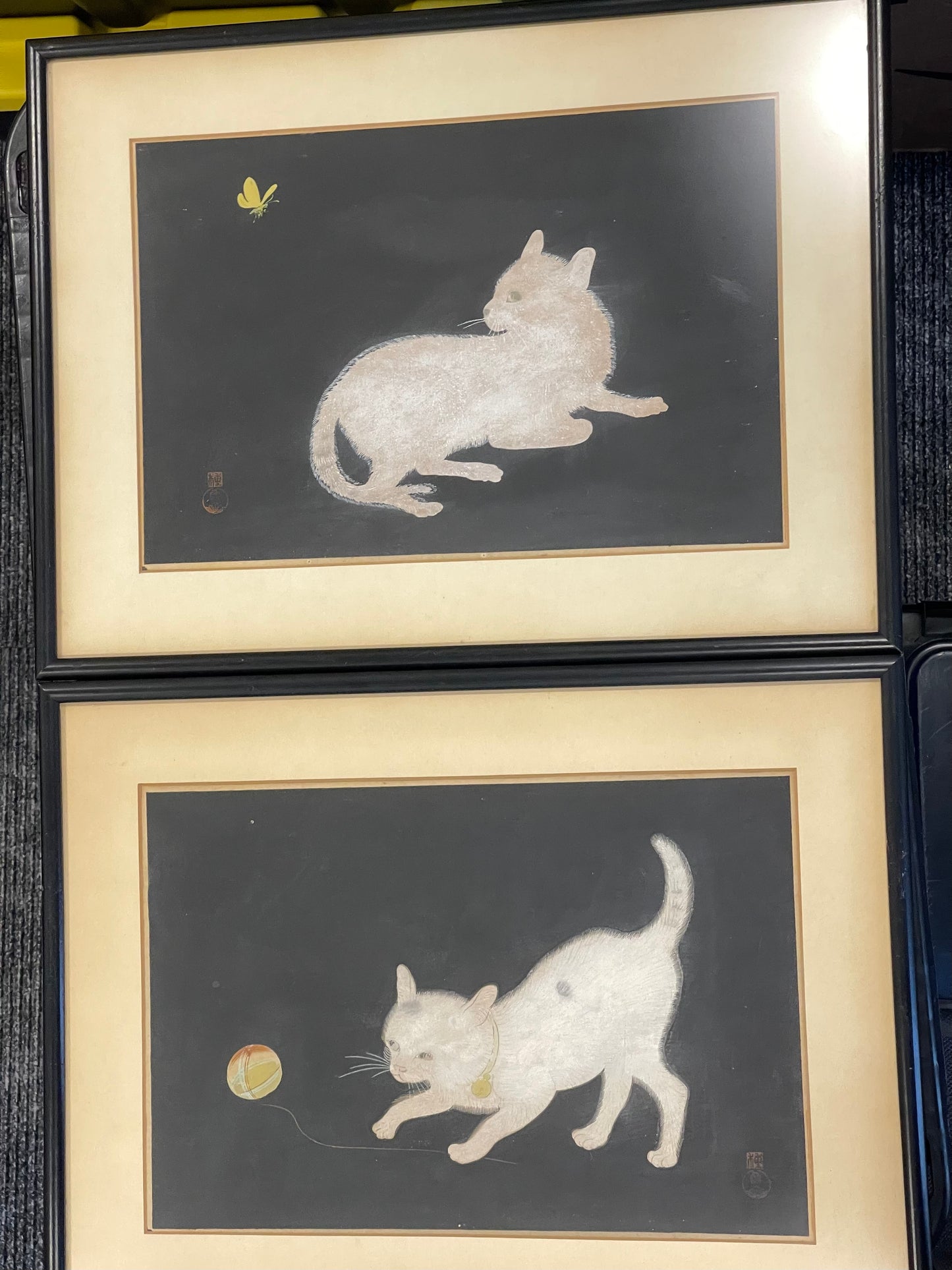Set of two 1952 Koyo Omura Signed Woodblock Prints "Cat with Butterfly" & "Cat at Play" Matted in original frame - famous Japanese art cat artists