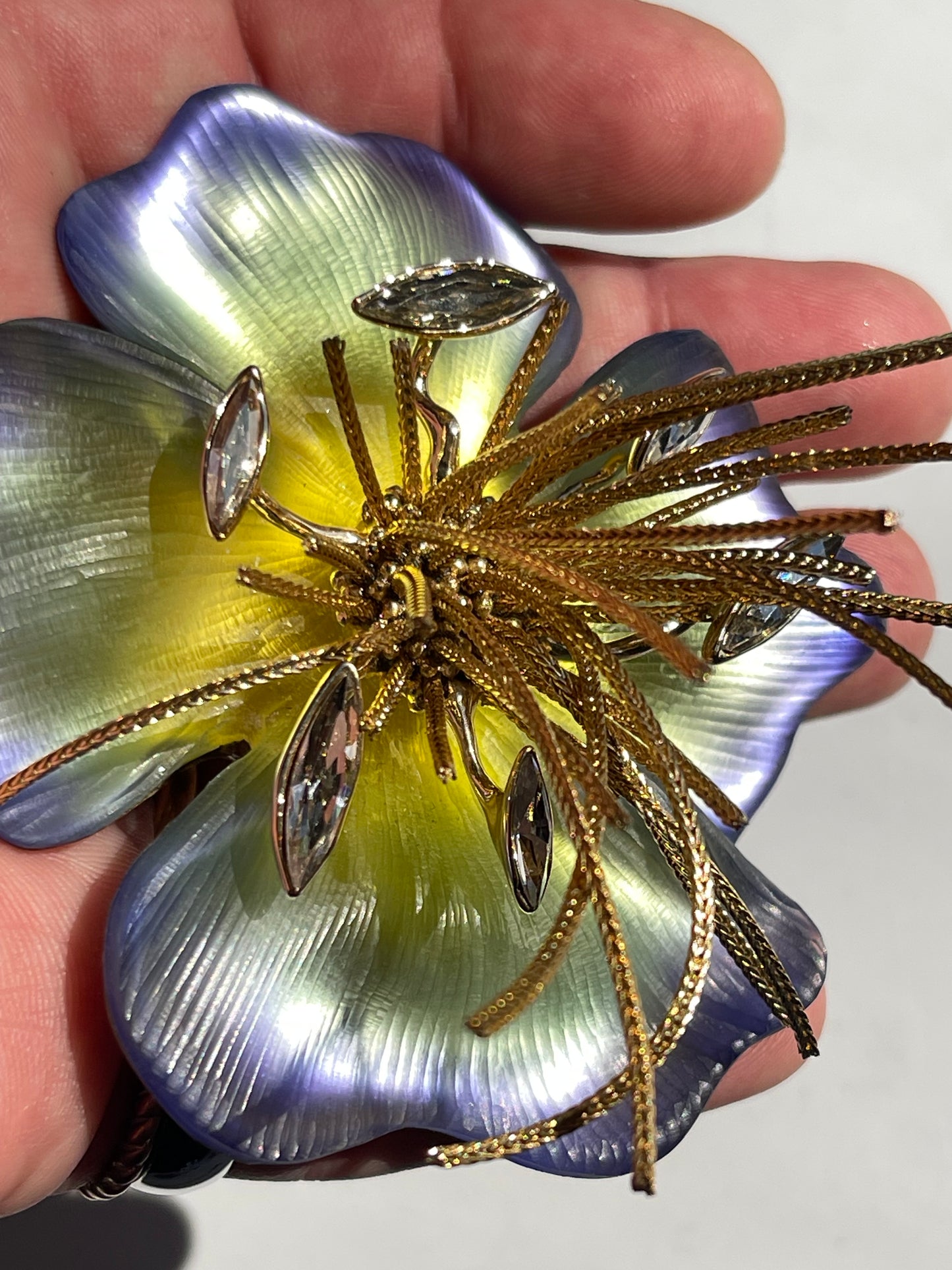 Handmade Alexis Bittar bluegreen Flower Brooch Lucite Gold Swarovski crystal pin