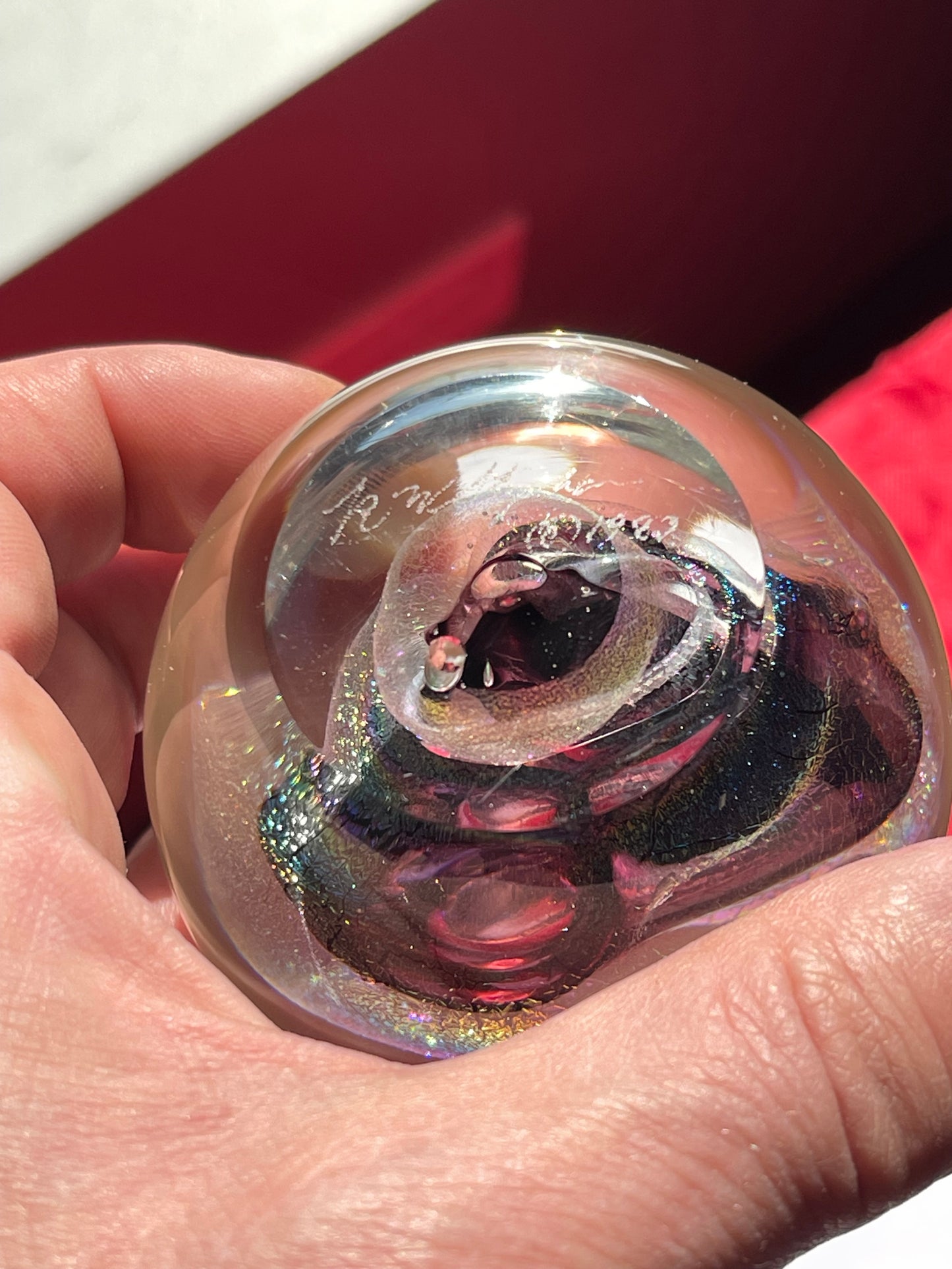 R.W. STEPHEN 1987 SWIRLED RAINBOW PURPLE & CRYSTAL GLASS PAPERWEIGHT lots more