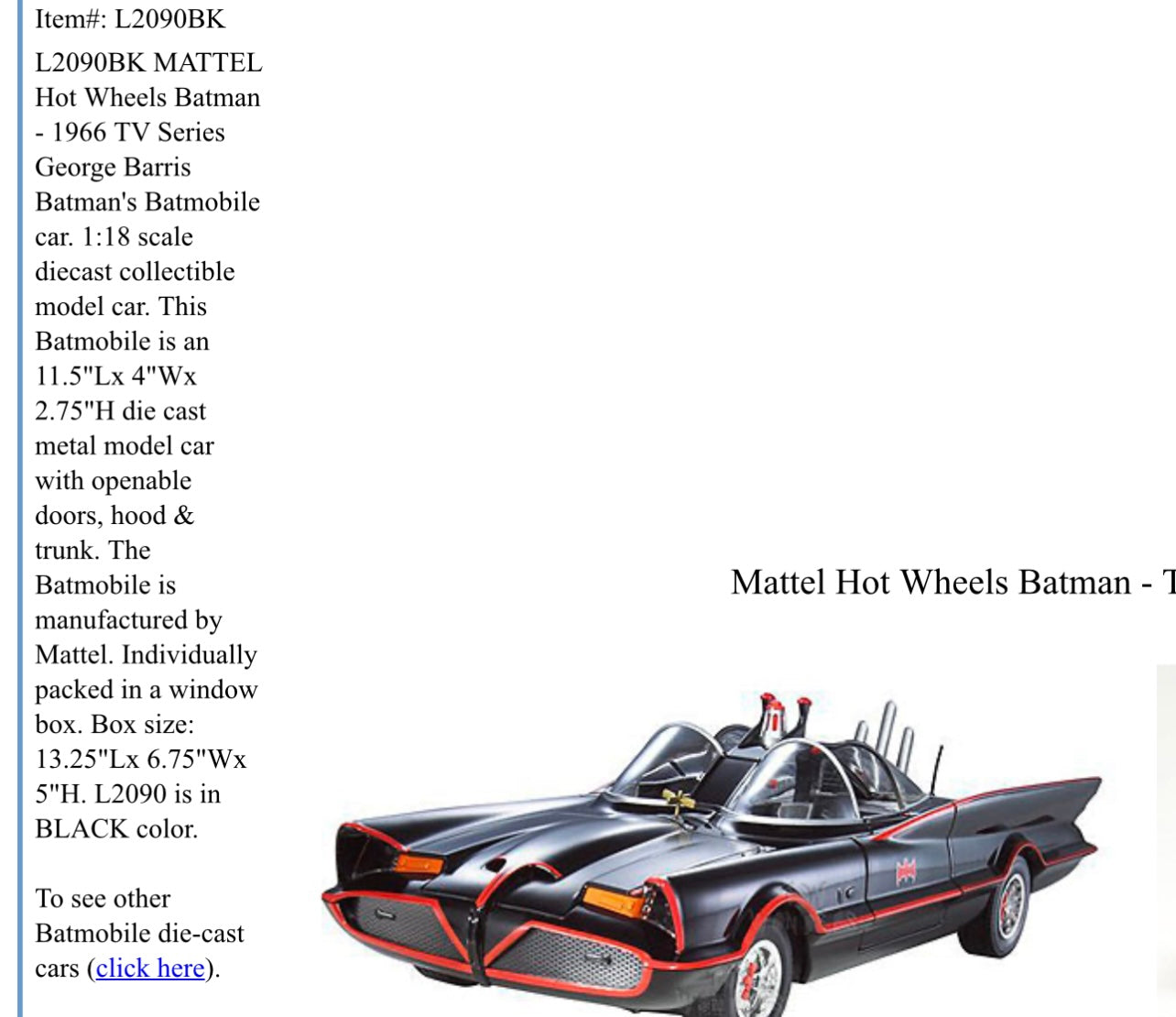 2007 Mattel Hot Wheels BATMAN 1966 TV Series Classic BATMOBILE 1:18 Scale model