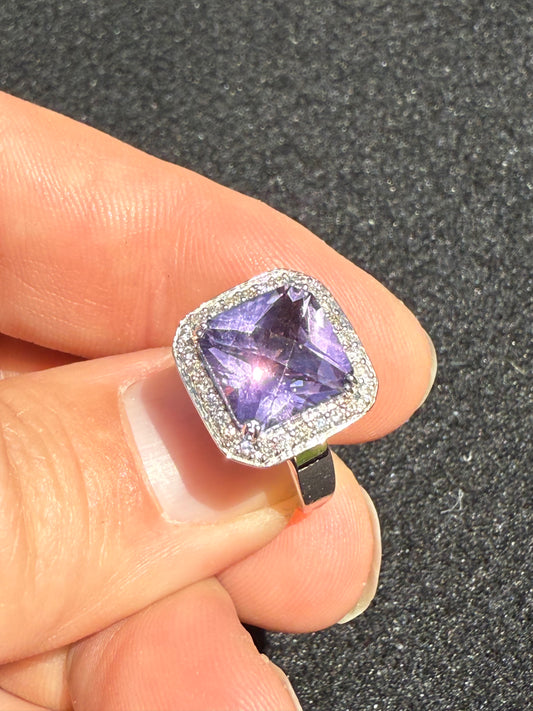 14K WHITE Gold Amethyst Diamonds ring wedding ring engagement ladies 6.3g 10mm gemstone