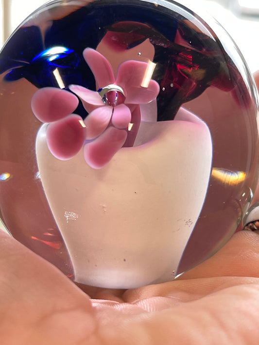 Flowers Trio in a Vase Signed Larson Crystal Blown Glass Paperweight Made In USA