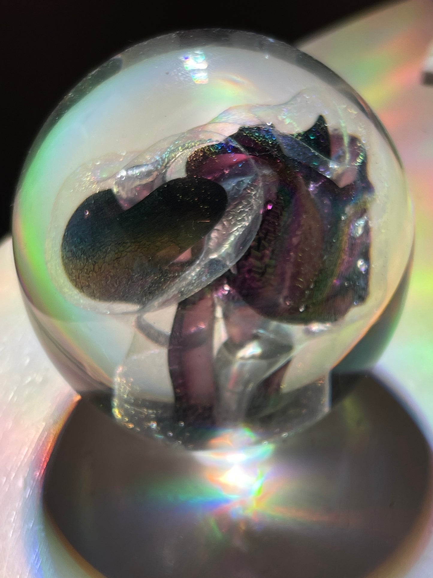 R.W. STEPHEN 1987 SWIRLED RAINBOW PURPLE & CRYSTAL GLASS PAPERWEIGHT lots more