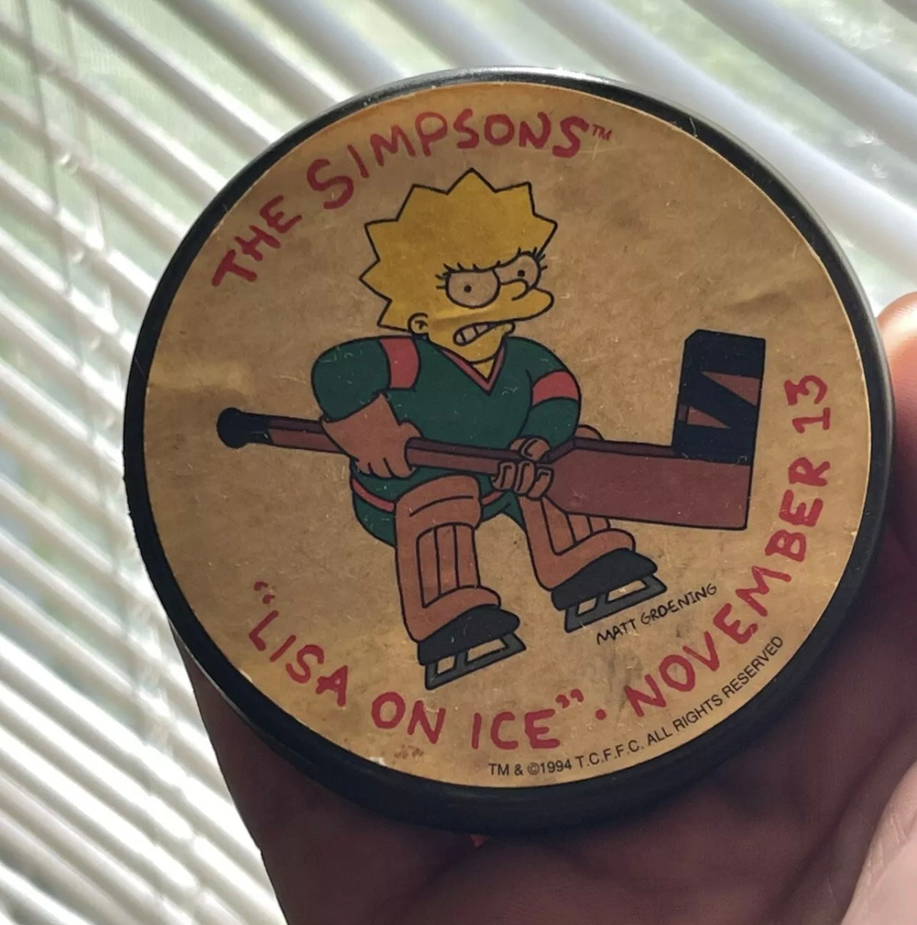 VERY RARE 1994 The Simpsons Lisa Simpson on Ice episode official NHL Hockey Puck Promotional set from Fox Televison