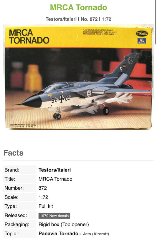 1979 TESTORS ITALERI MRCA TORNADO JET PLANE MODEL KIT #872 lots model planes car
