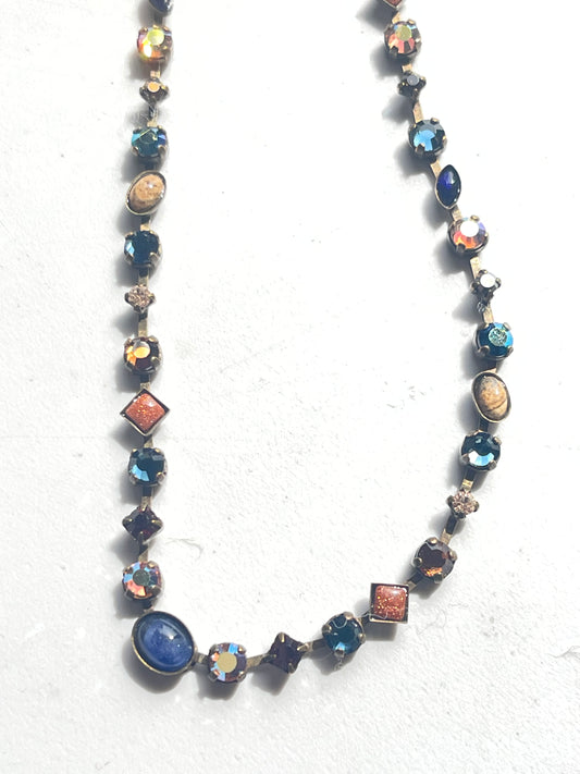Vintage Sorrelli jewelry brand Multi Stone Crystals Brass Necklace Lisa Oswald