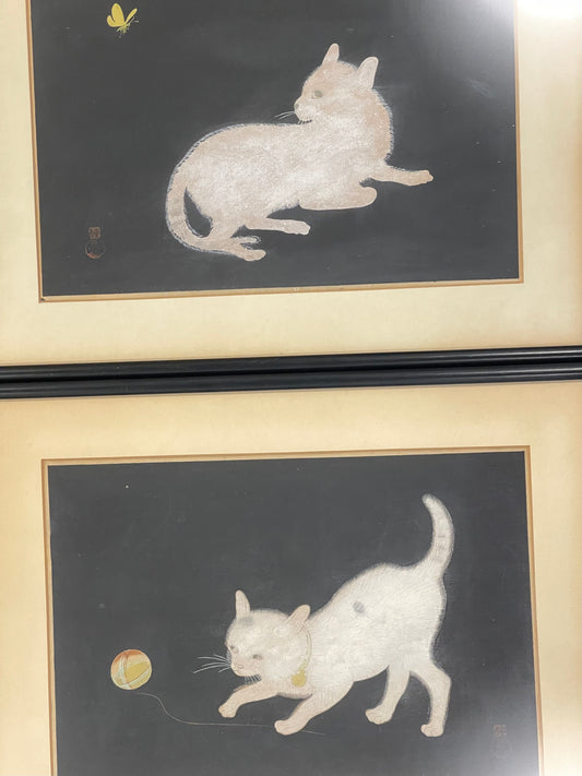 Set of two 1952 Koyo Omura Signed Woodblock Prints "Cat with Butterfly" & "Cat at Play" Matted in original frame - famous Japanese art cat artists