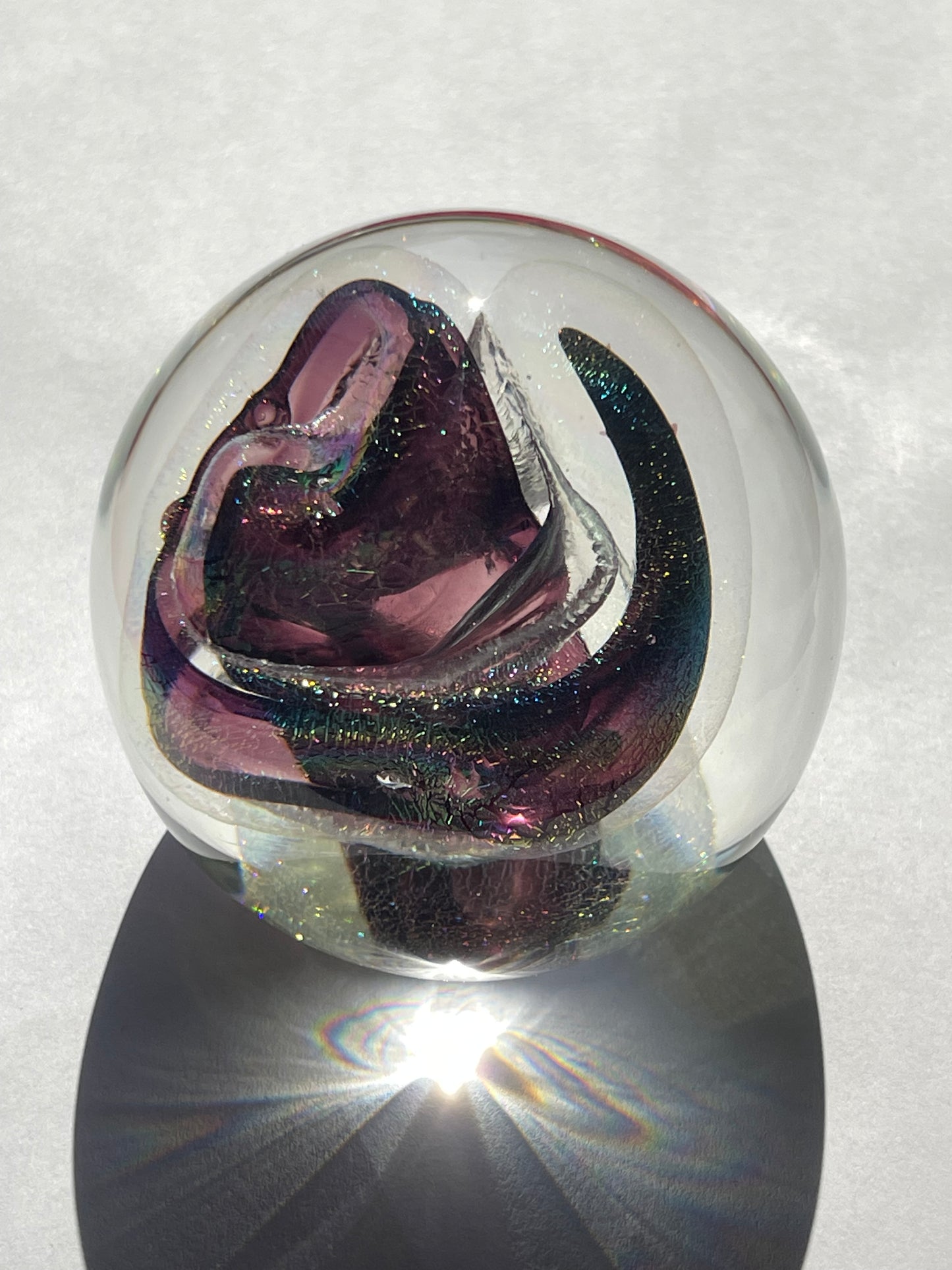 R.W. STEPHEN 1987 SWIRLED RAINBOW PURPLE & CRYSTAL GLASS PAPERWEIGHT lots more