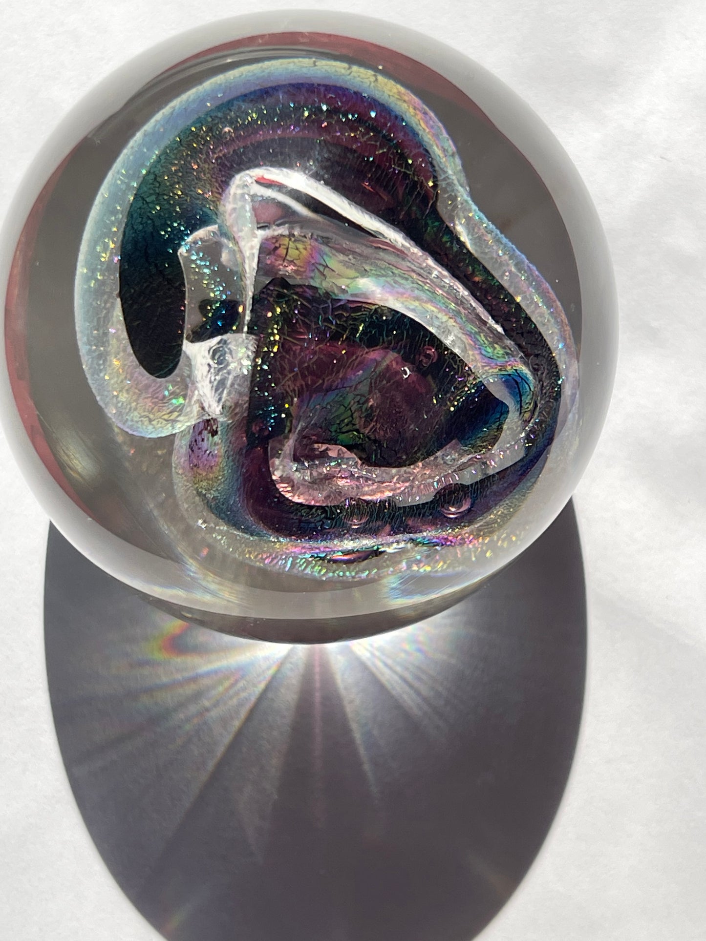 R.W. STEPHEN 1987 SWIRLED RAINBOW PURPLE & CRYSTAL GLASS PAPERWEIGHT lots more