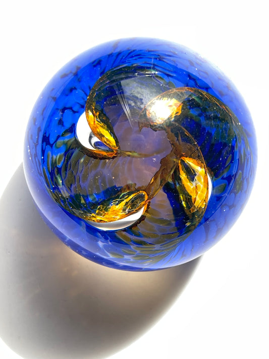 1980s 1990 Caithness Glass Scotland Crystal Navy Gold Designer Paperweight