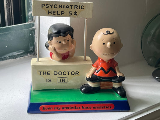 FOR SALE - 1971 Charlie Brown with Lucy and the Psychiatry Booth officially licensed toy sculpture collectible - Charlie Brown collectible toy 1971 United Feature Syndicate Determined Productions San Francisco -