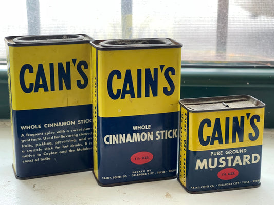 RARE Advertising promo Set of 1910s 1920s VINTAGE TIN CANS from the CAIN'S brand - still full Cinnamon Sticks Mustard spice tins and antiques sets for sale