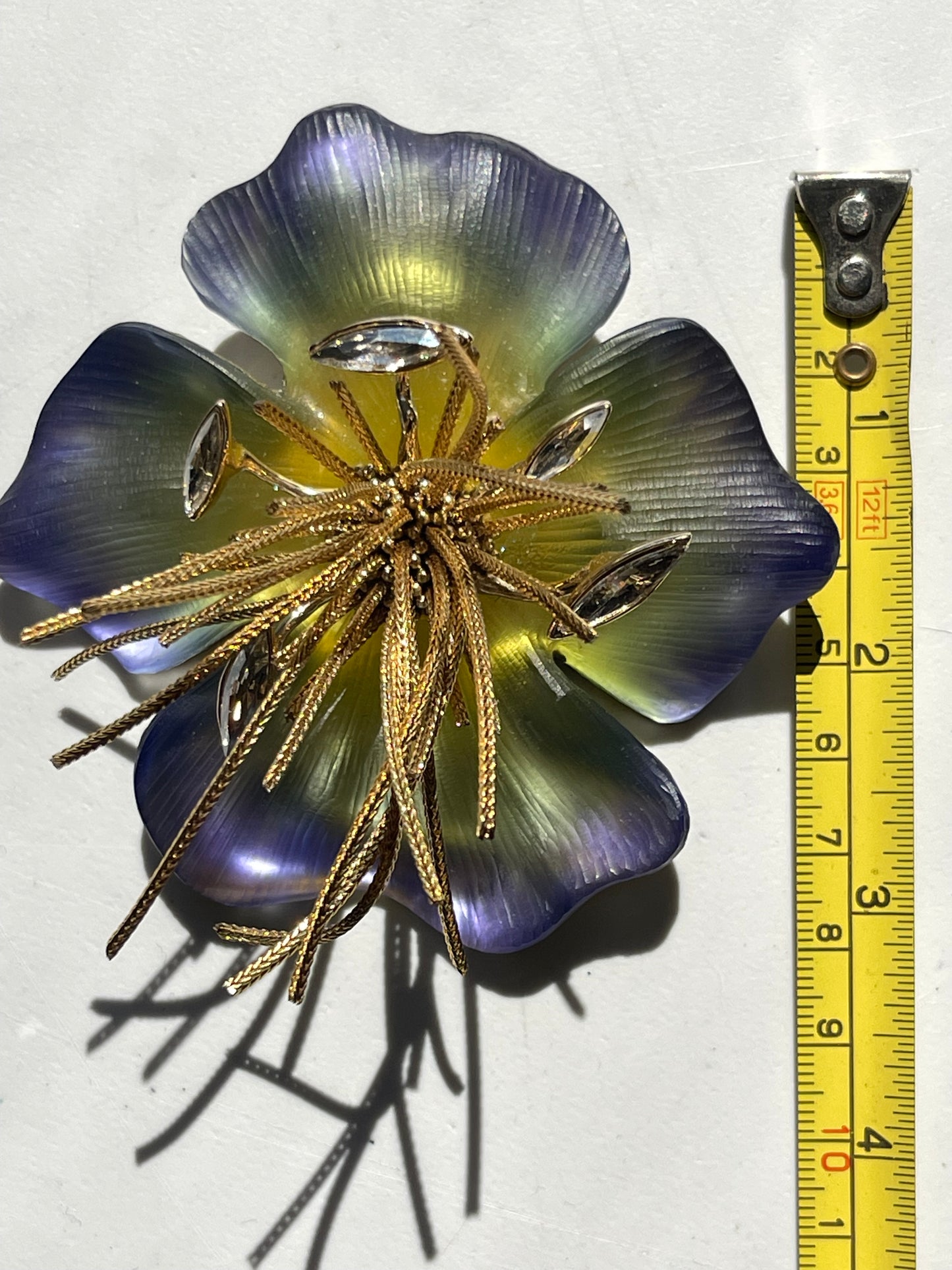 Handmade Alexis Bittar bluegreen Flower Brooch Lucite Gold Swarovski crystal pin
