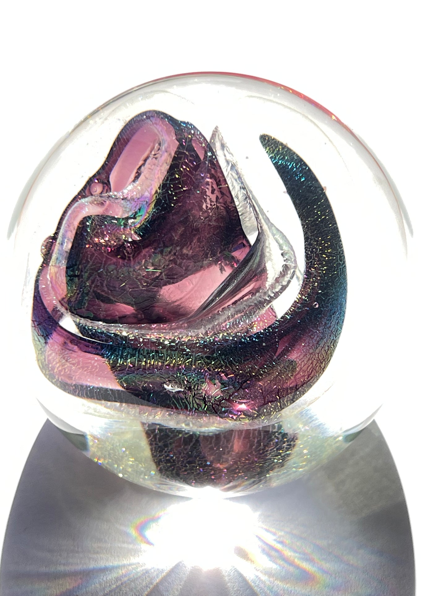 R.W. STEPHEN 1987 SWIRLED RAINBOW PURPLE & CRYSTAL GLASS PAPERWEIGHT lots more