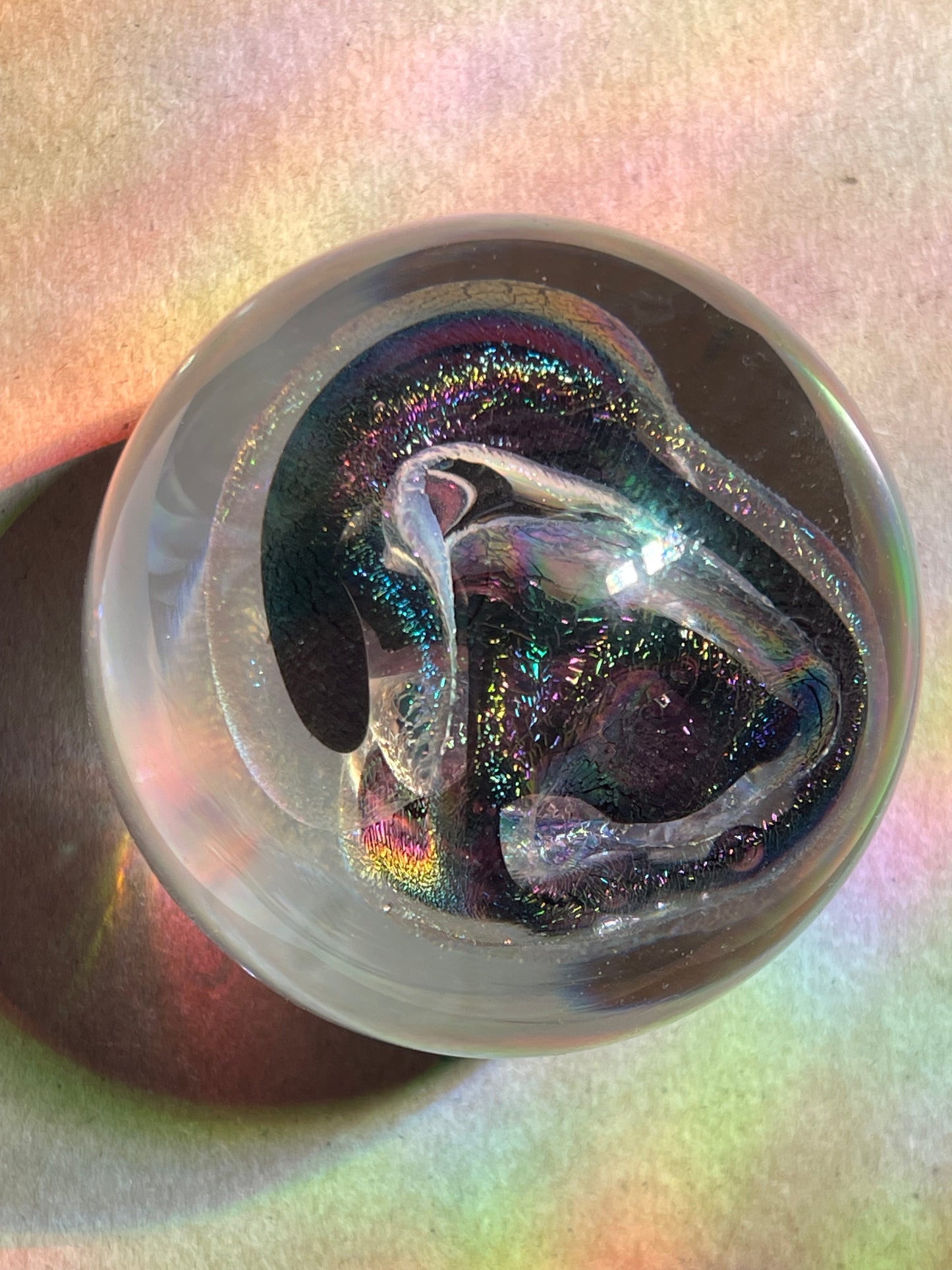 R.W. STEPHEN 1987 SWIRLED RAINBOW PURPLE & CRYSTAL GLASS PAPERWEIGHT lots more