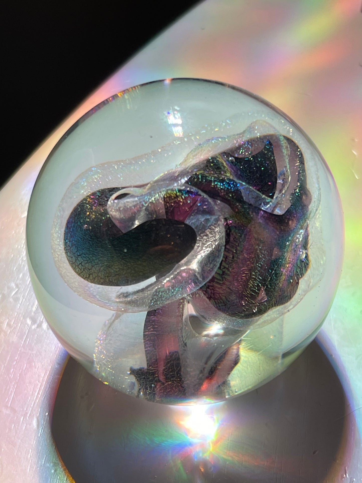 R.W. STEPHEN 1987 SWIRLED RAINBOW PURPLE & CRYSTAL GLASS PAPERWEIGHT lots more