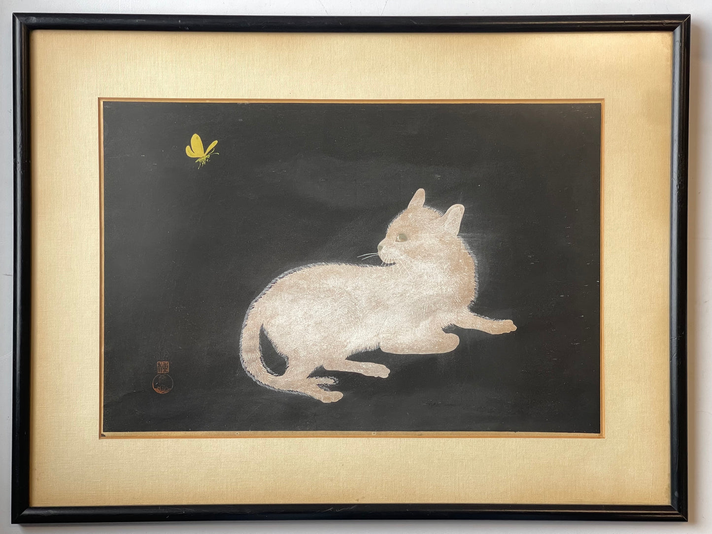 1952 Koyo Omura Signed Woodblock Print "Cat with Butterfly" Matted original Framed art