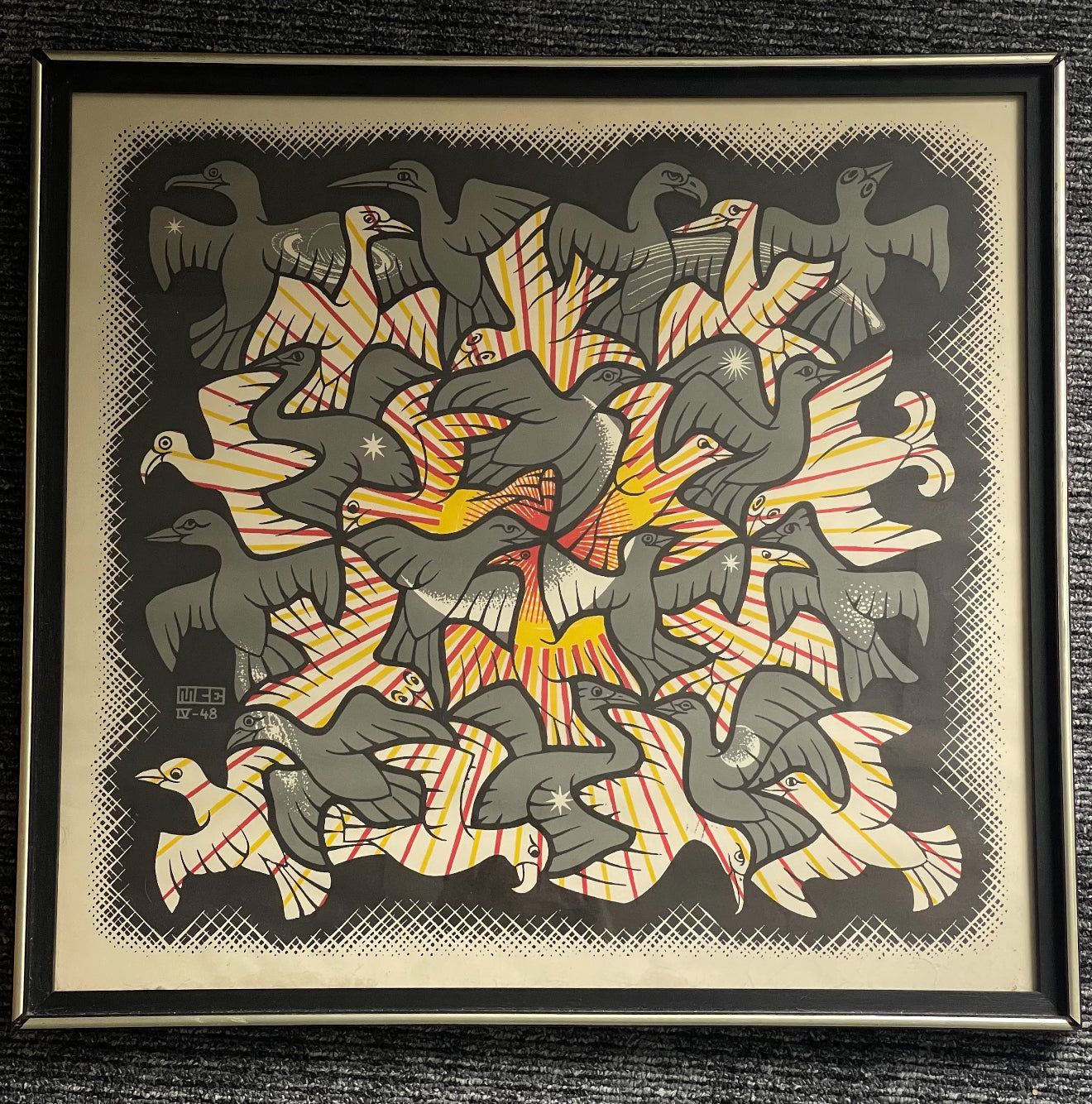 SIGNED & official 1948 MC ESCHER SUN & MOON chromolithograph original frame lot