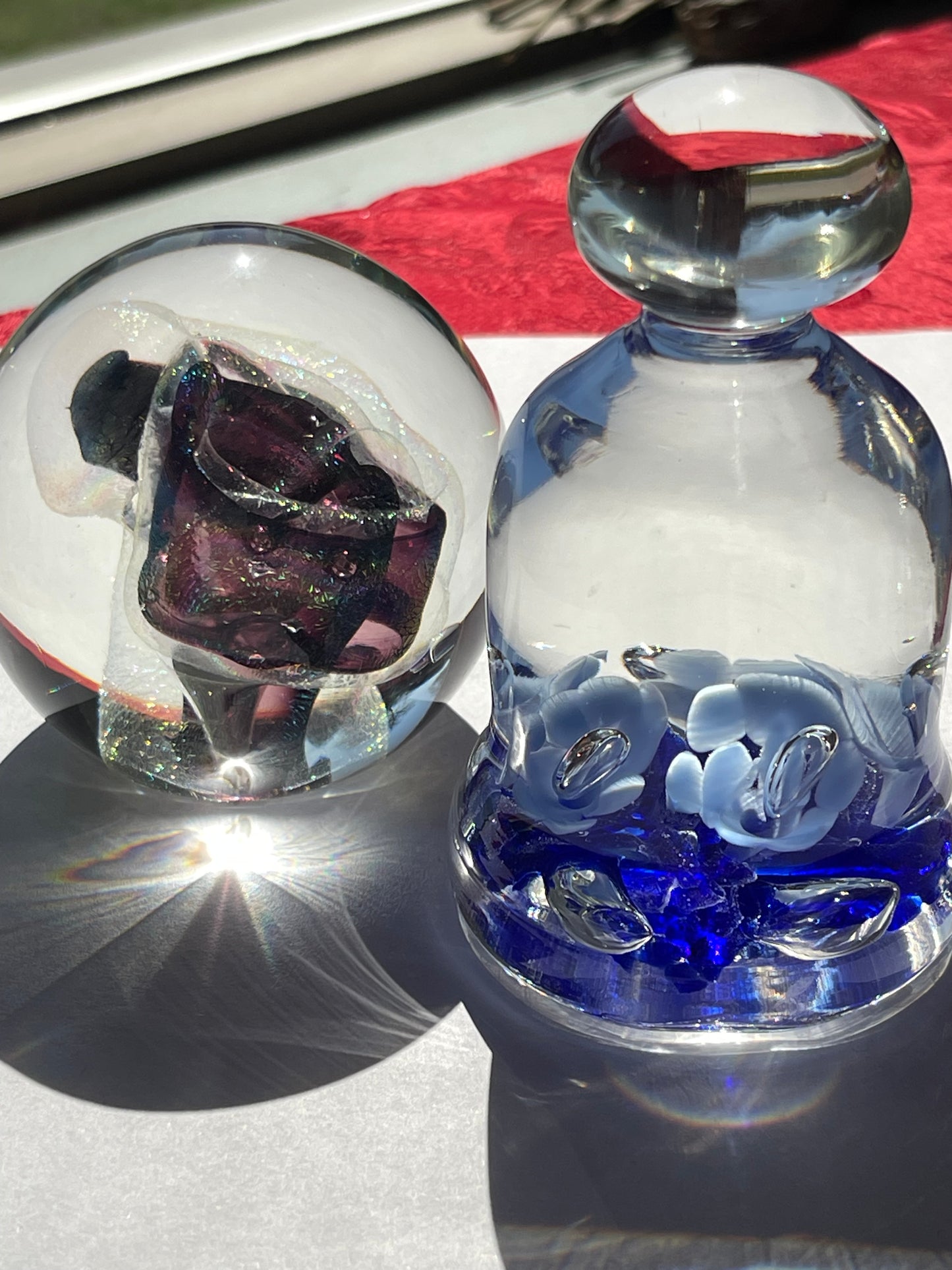 R.W. STEPHEN 1987 SWIRLED RAINBOW PURPLE & CRYSTAL GLASS PAPERWEIGHT lots more