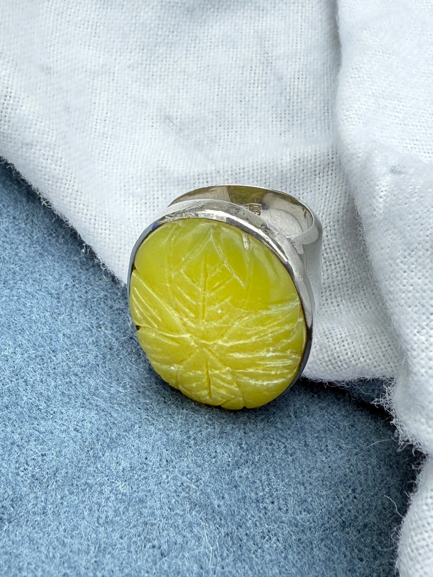 1930s 1940s Chinese Jadeite Jade Carved Carving Plaque Ring Sterling Silver Mark