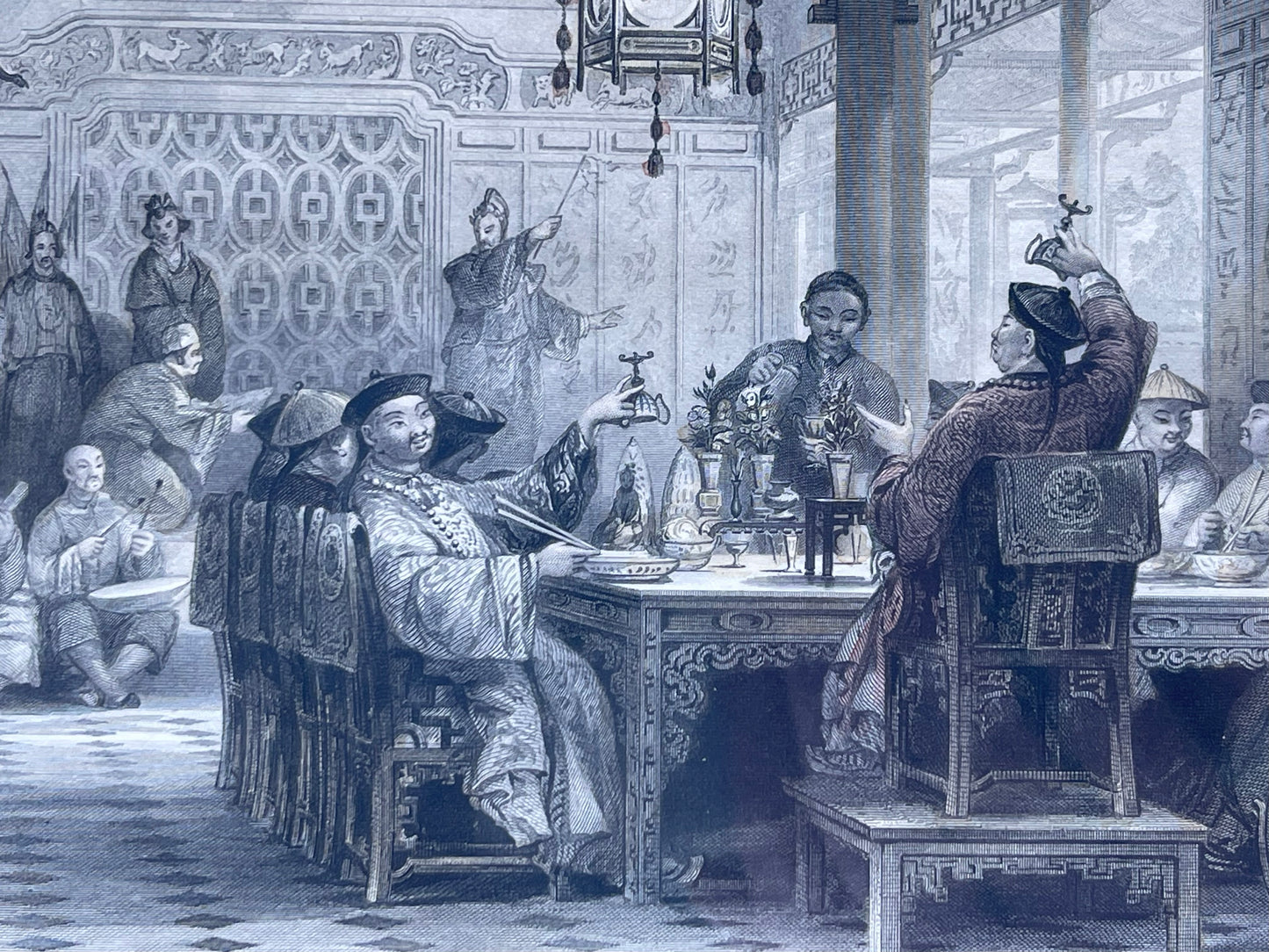 Dinner Party at a Mandarin's House - Thomas Allom (English, 1804-1872) hand colored 19th century engraving - Chinese etching famous art China