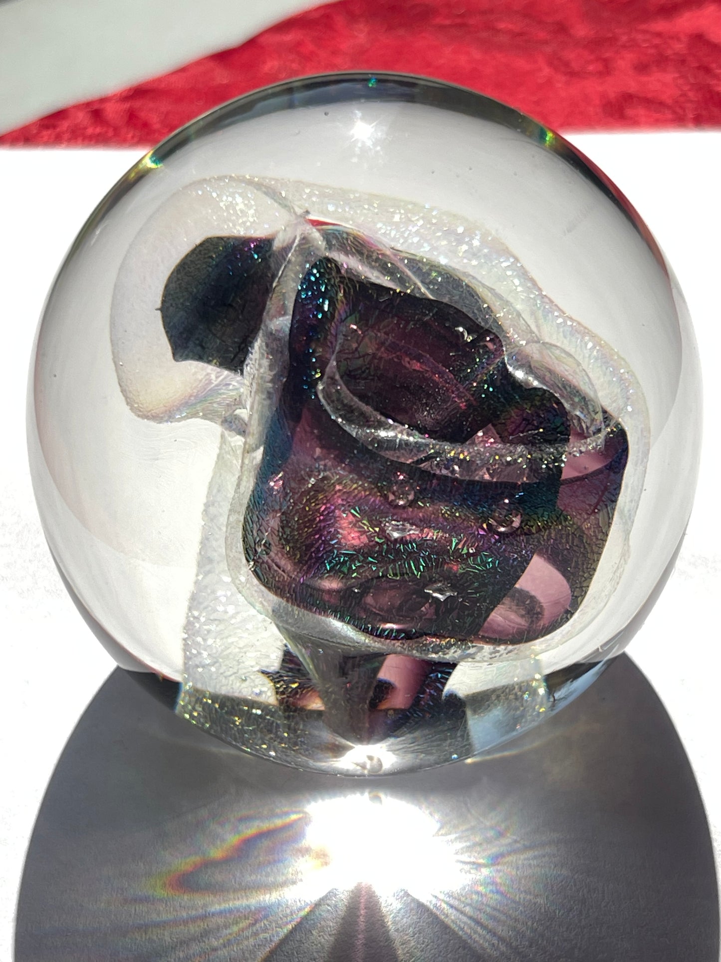 R.W. STEPHEN 1987 SWIRLED RAINBOW PURPLE & CRYSTAL GLASS PAPERWEIGHT lots more