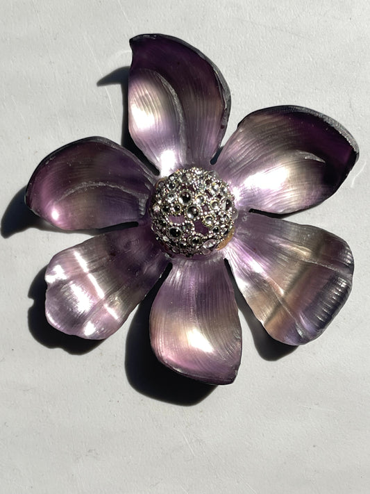 Handmade large Alexis Bittar PURPLE Flower Brooch in Lucite with Swarovski crystals - Sex in the City costume design